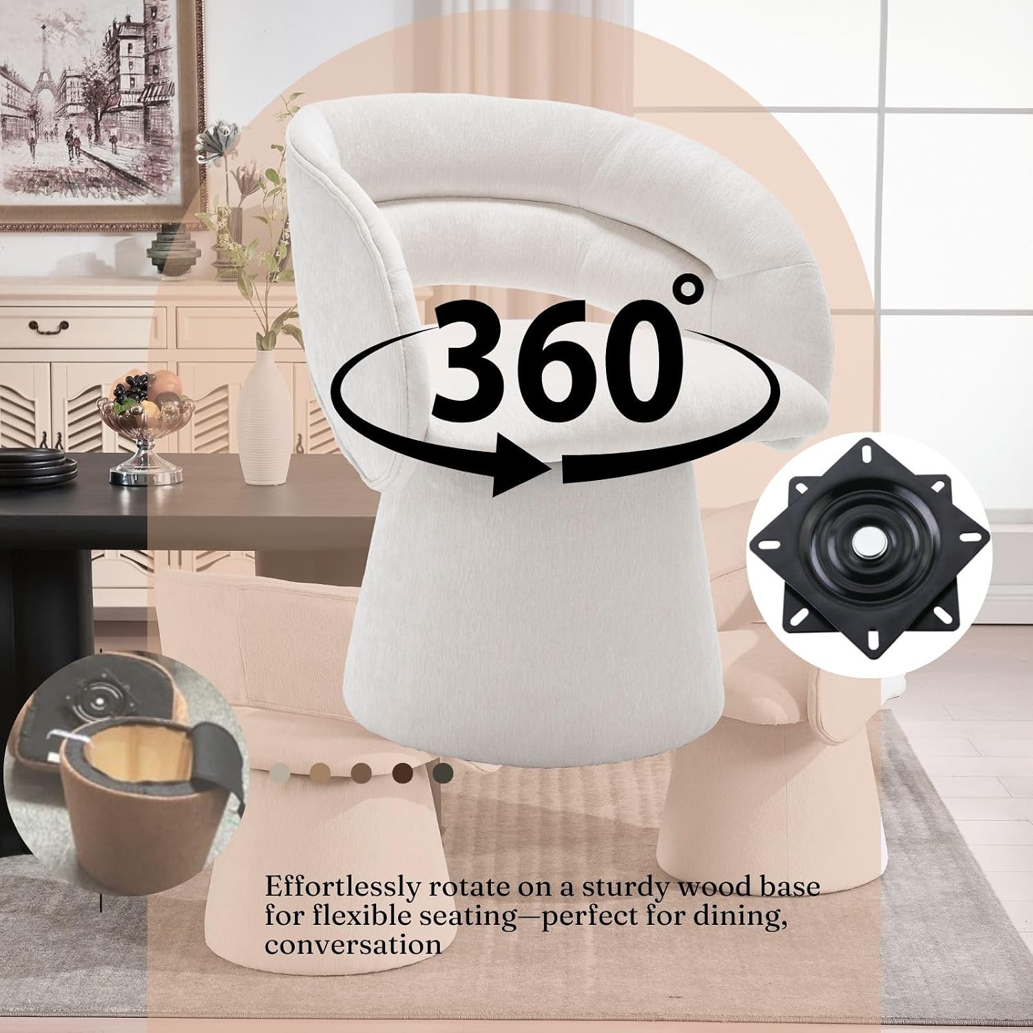 Swivel Dining Chairs Barrel Back Set of 2 Modern Upholstered Round Barrel Chairs for Dining Room, Comfy Chenille 360 Degree Rotation Side Chairs for Kitchen Living Room, White