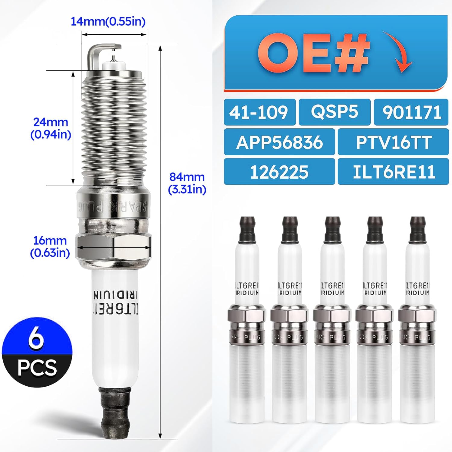 6PCS 41-109 Double Iridium Spark Plugs For Buick Enclave LaCrosse/Cadillac ATS CTS SRX STS XTS/Chevy Camaro Colorado Equinox Impala Malibu/GMC Acadia Canyon Terrain/Saturn V6 12622561 ILT6RE11