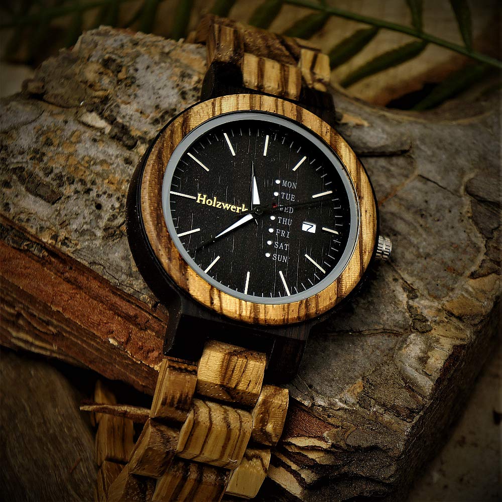 Holzwerk Germany Handgefertigte Matrix Herren Uhr Öko Natur Holzuhr Holz Armband Braun Schwarz Zebra Muster Analog Uhr Datum und Wochentag Anzeige Herrenuhr