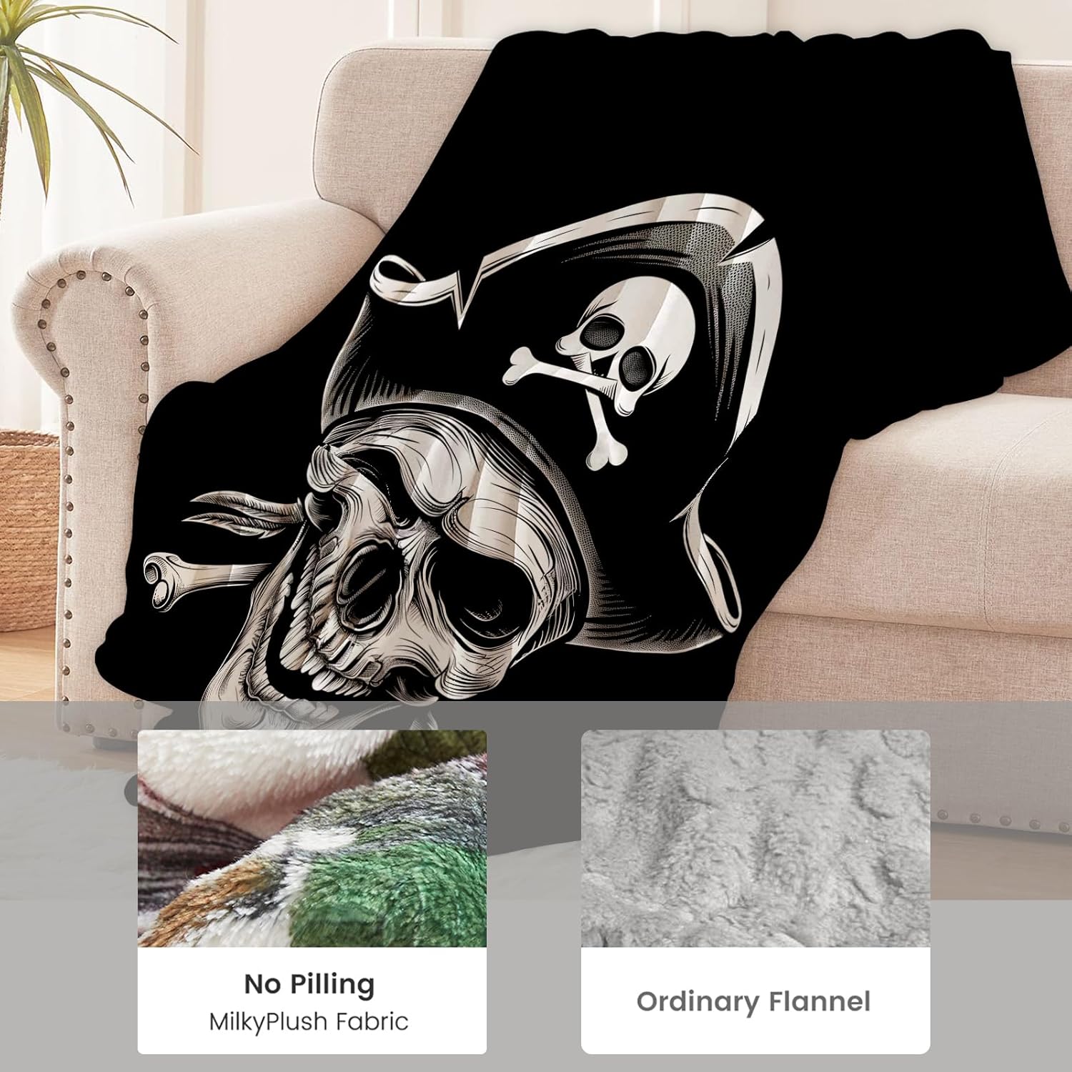 Gothic Pirate Skull Blanket for Men Boys Kids, Flannel Goth Classic Blankets Gifts, Skeleton and Black Background Throws for Sofa Couch Bed Living Room, Soft Warm Cozy Decor 80" x 60"