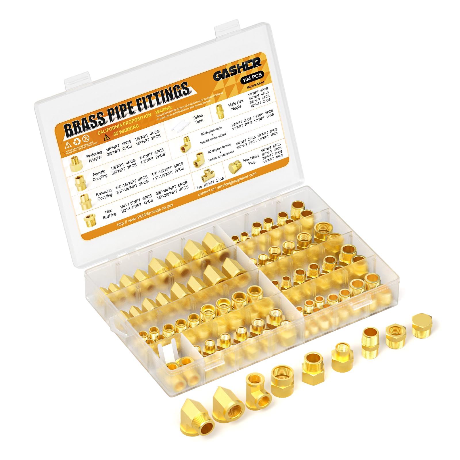 GASHER Kit surtido de 104 accesorios de tubería de latón, adaptador reductor, boquilla hexagonal, acoplamiento hembra, acoplamiento reductor, codo de calle Barstock de 90 grados, buje hexagonal