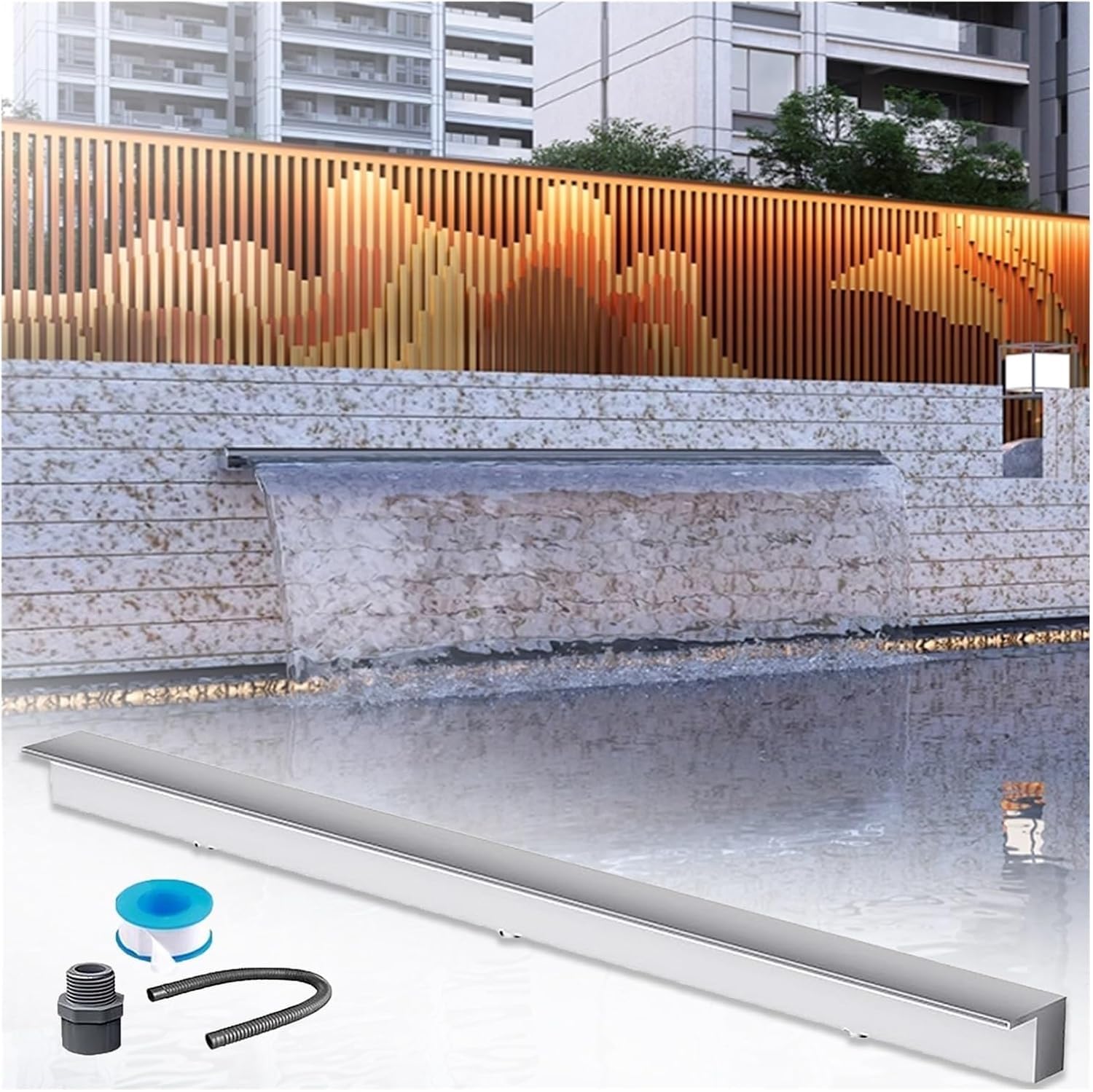 Kit di scarico a cascata in acciaio inox, 30,5 cm, montaggio a filo, fai da te, per laghetti, giardini e cortili, soluzione decorativa durevole