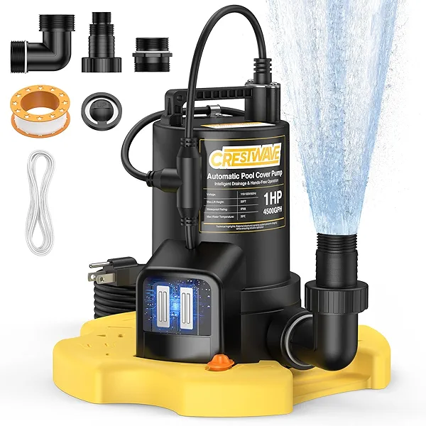 CRESTWAVE 1 HP Automatic Pool Cover Pump, 4500GPH Submersible Water Pump with Unique External Sensor Switch & 3/4” Check Valve Adapter, Water Removal for Swimming Pool Cover, Pond, Basement and More