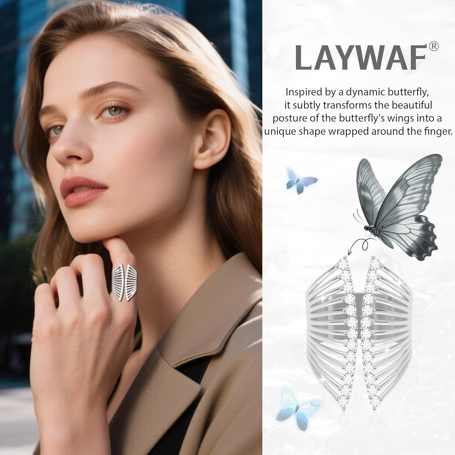 Rhinestone Butterfly Rings for Women, Cubic Zirconia Fake Diamond Adjustable Thumb Ring, Chunky Vintage Gemstone Rings, Available in Gold Plated and Silver Plated - Image 2