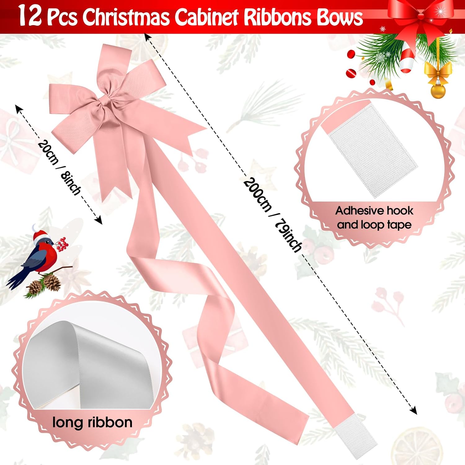 Crowye 14 Pcs Christmas Cabinet Bow for Kitchen Door Ribbon Bow Christmas Wreath Bow Christmas Door Bow Festival Wrapping Decorations for Tree Kitchen Fireplace Home Front Party(Rose Gold)