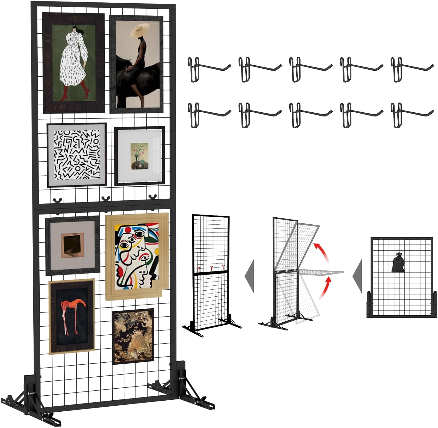 Grid Wall Display Panel Heavy-Duty Foldable, 2ft x 5ft Black Wire Wall Grid 1-Pack with 10 Hooks, Spring-Loaded Pins( Flat Base) for Retail Display Racks,Vendor Booth Display Stand, Trade Exhibits