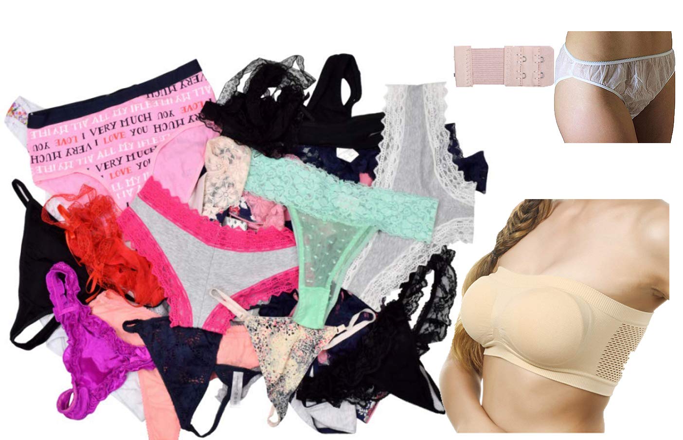 Women's Cotton Multi-Design Panties(Hipster,Brief,String,lace,tranparent,Disposable,Thong Panties); Hook Extender and Tube Bra (Assorted Colours; Free Size)-Combo Pack of 10 Multicolour