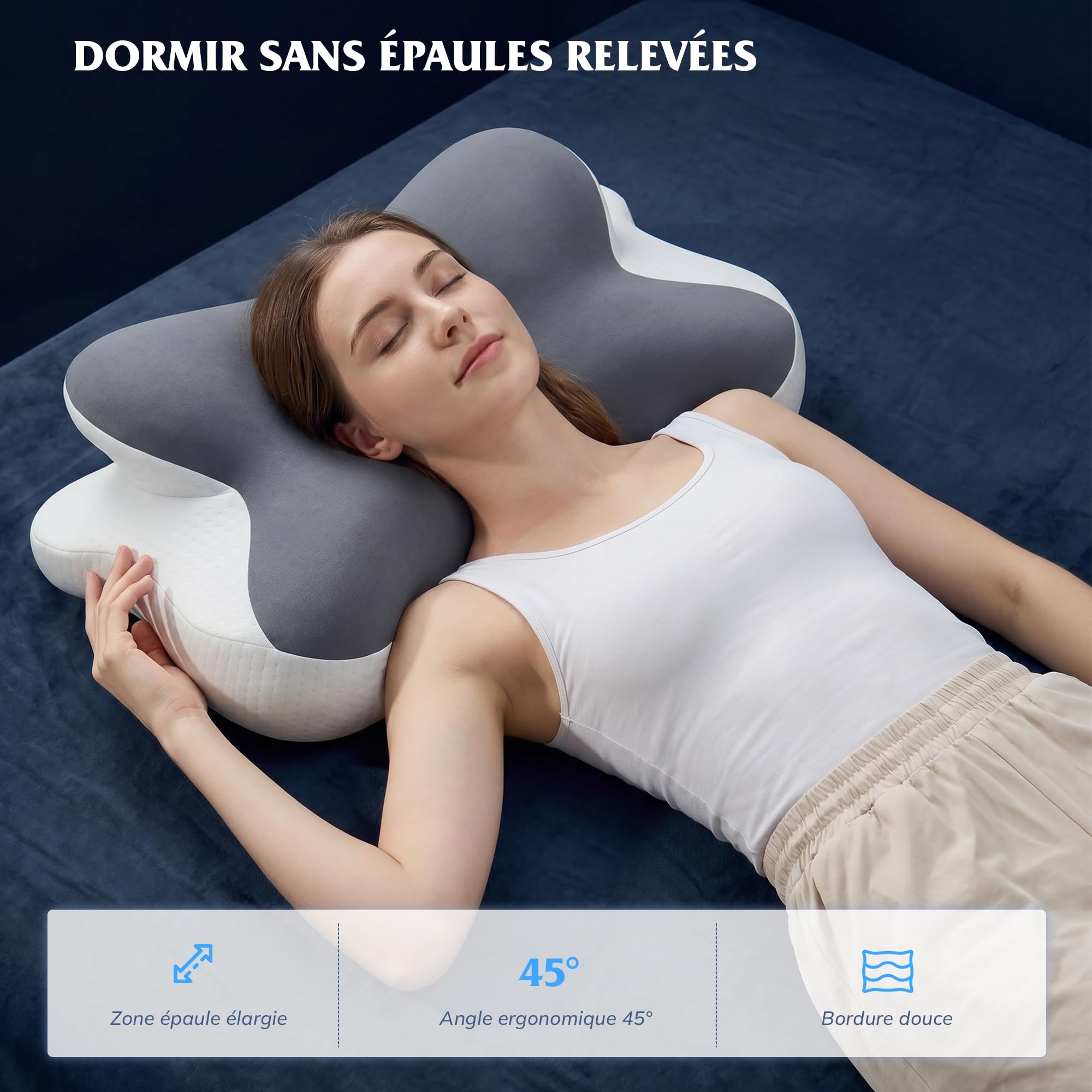 Oreiller Ergonomique en Mousse à mémoire de Forme, Forme Papillon | Double épaisseur 9cm / 12cm, housse amovible respirante pour dormeurs sur le dos, le côté et le ventre, 62 x 39 cm,Blanc&Gris