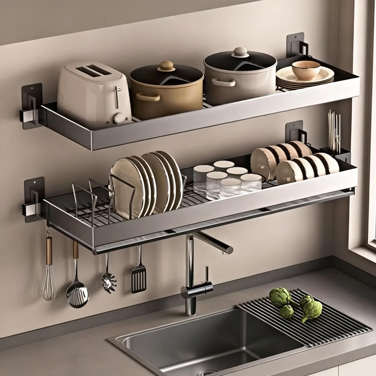 inless - Scolapiatti da parete in acciaio, design salvaspazio a due ripiani, con supporto per bacchette, senza trapano, per cucina nizat (B95 x 100 cm)