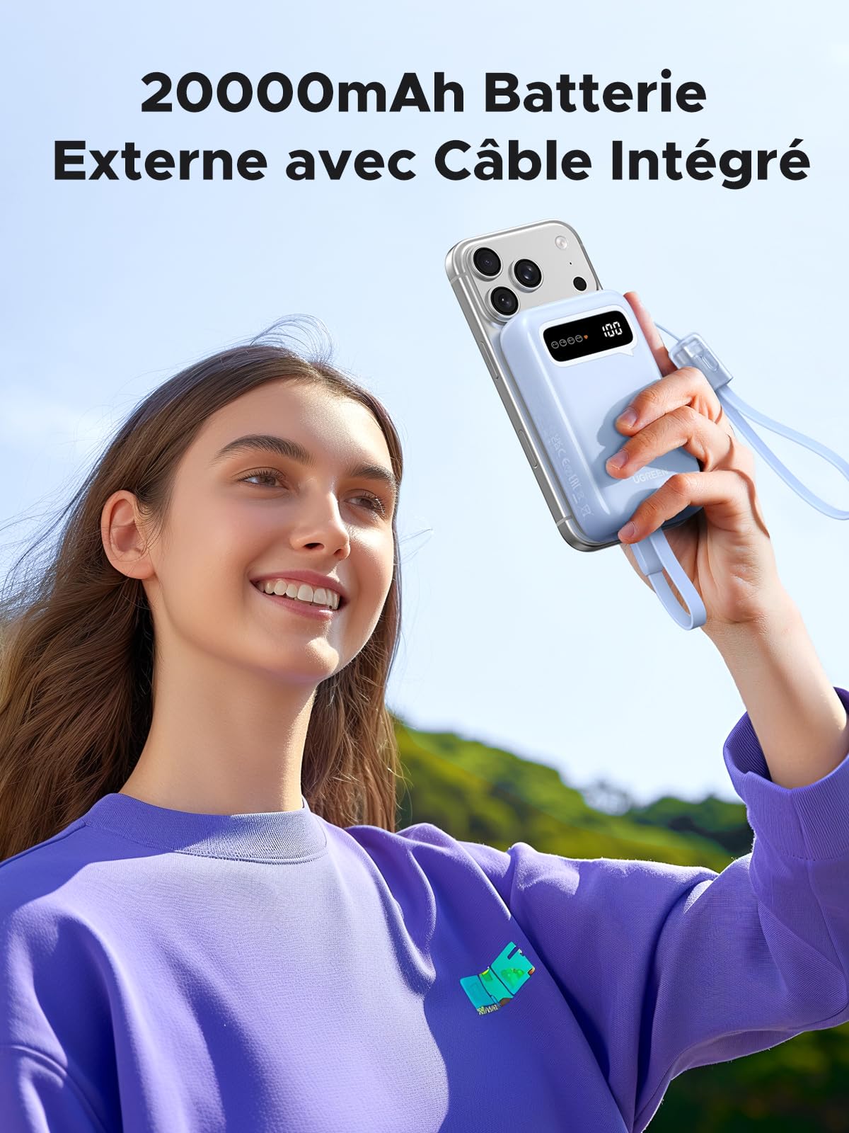 UGREEN Batterie Externe 20000mAh 22.5W Câble Intégré USB C Power Bank Portable Charge Rapide 2 Ports Emoji Affichage Compatible avec iPhone 17 16 15 14 13 Air Plus Pro Max Galaxy S25 S24 iPad (Bleu)