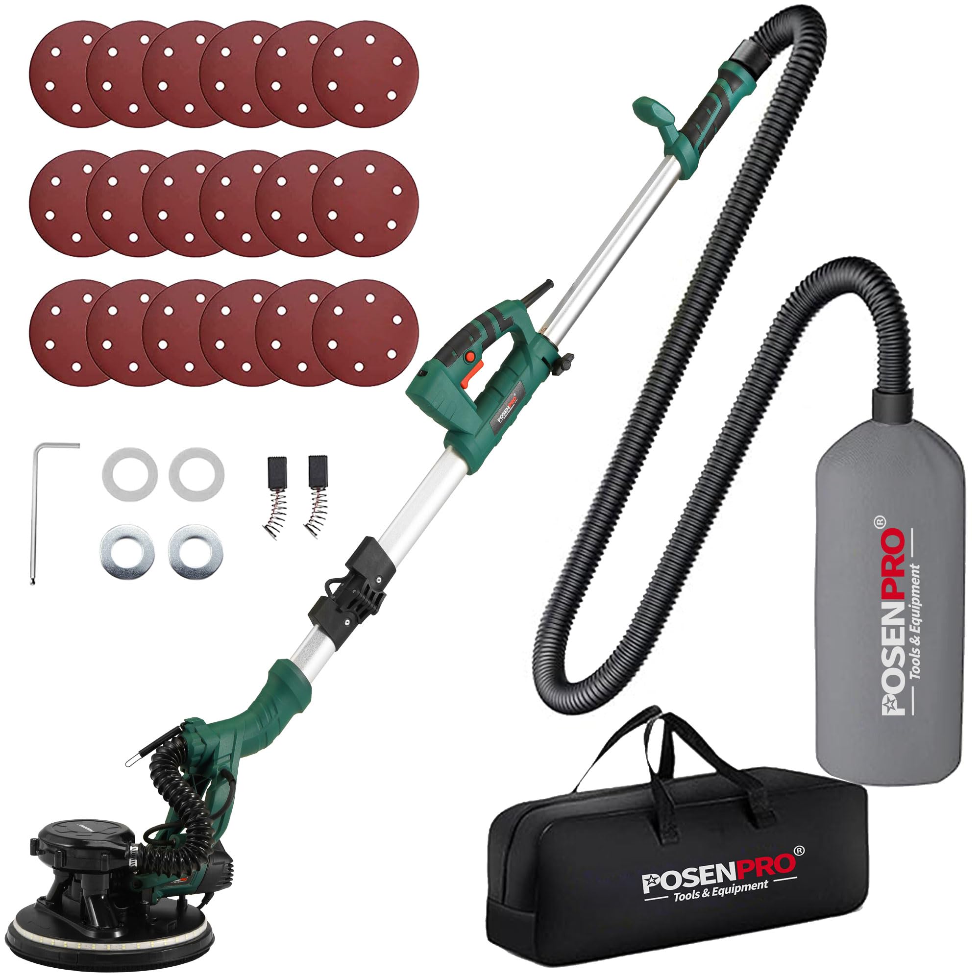 POSENPRO Trockenbauschleifer, Wand & Deckenschleifer, 810W Wandschleifer mit LED und Teleskopstiel, 215mm Schleifsch, Faltbarem Griff, neigbarer Kopf, inkl. 18x Klett-Schleifscheiben