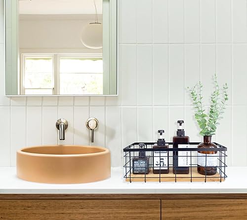 Vista 44 de Cesta de alambre de metal desmontable con base de madera, organizador de almacenamiento, cubos pequeños para armarios de cocina, baño, despensa