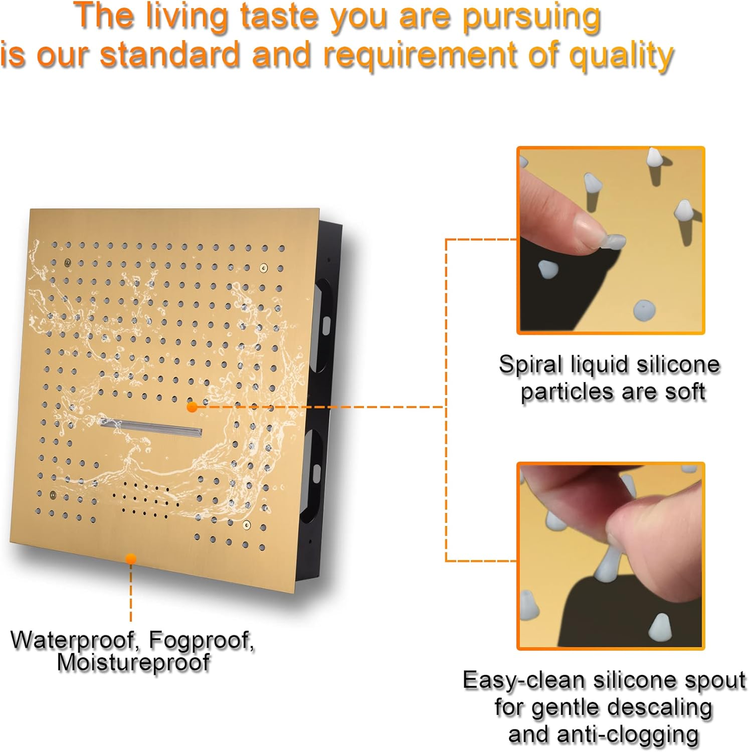 Cascada Luxury 16” Square LED Music shower system with built-in Bluetooth Speakers, 4 function (Rainfall, Waterfall, Body jet & Handshower)(Polished Gold)