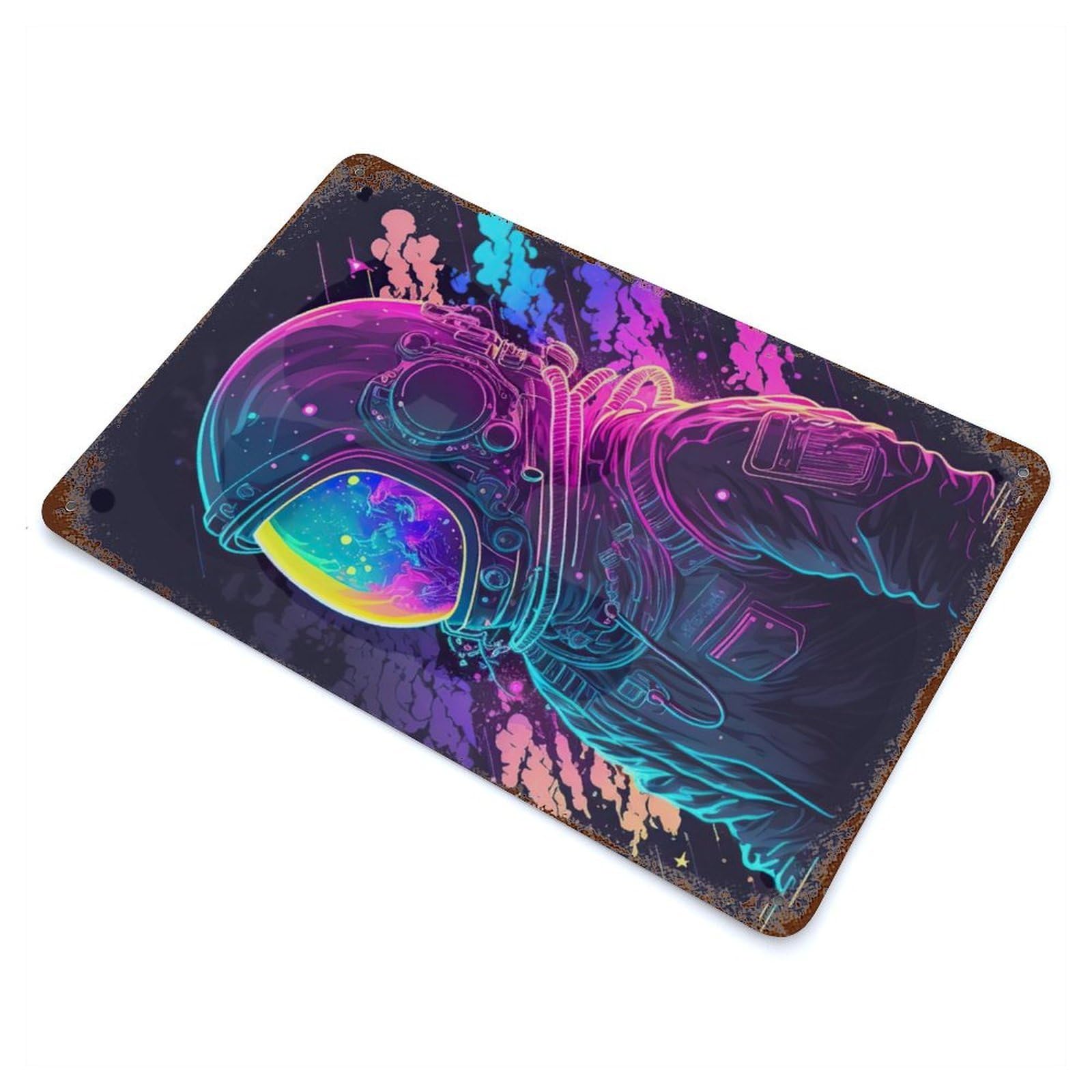 Garage Style Neon Astronaut Aged Metal Wall Plaque 11.8"x7.9", Farmhouse Wall Decor for Bar And Workshop