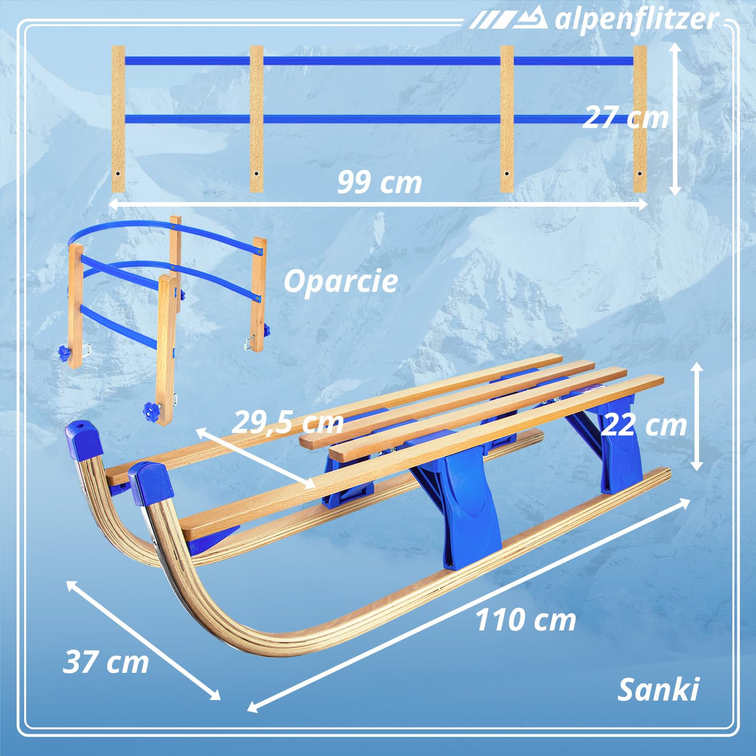 Holzschlitten 110 cm Davoser Rodel Faltbarer Klappbarer Kinderschlitten; Premium Holz-Schlitten aus Buchenholz Klappschlitten Optional mit Lehne (Modell 24/25)