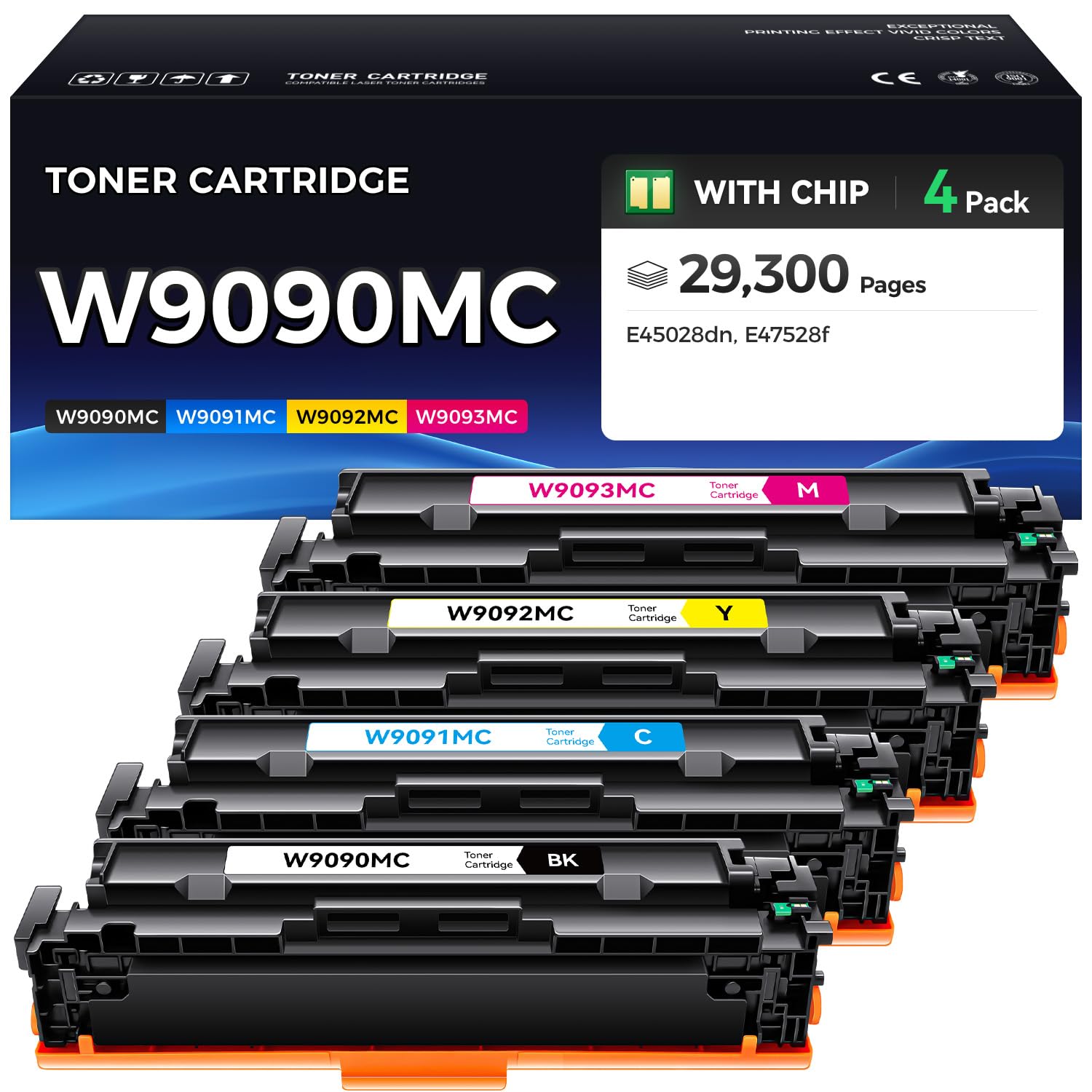W9090MC Toner Cartridge Replacement for HP W9091MC W9093MC W9092MC Set 4-Pack High Yield Compatible with HP Color LaserJet Managed E45028dn MFP E47528f E45028 E47528 Printer Black Cyan Magenta Yellow