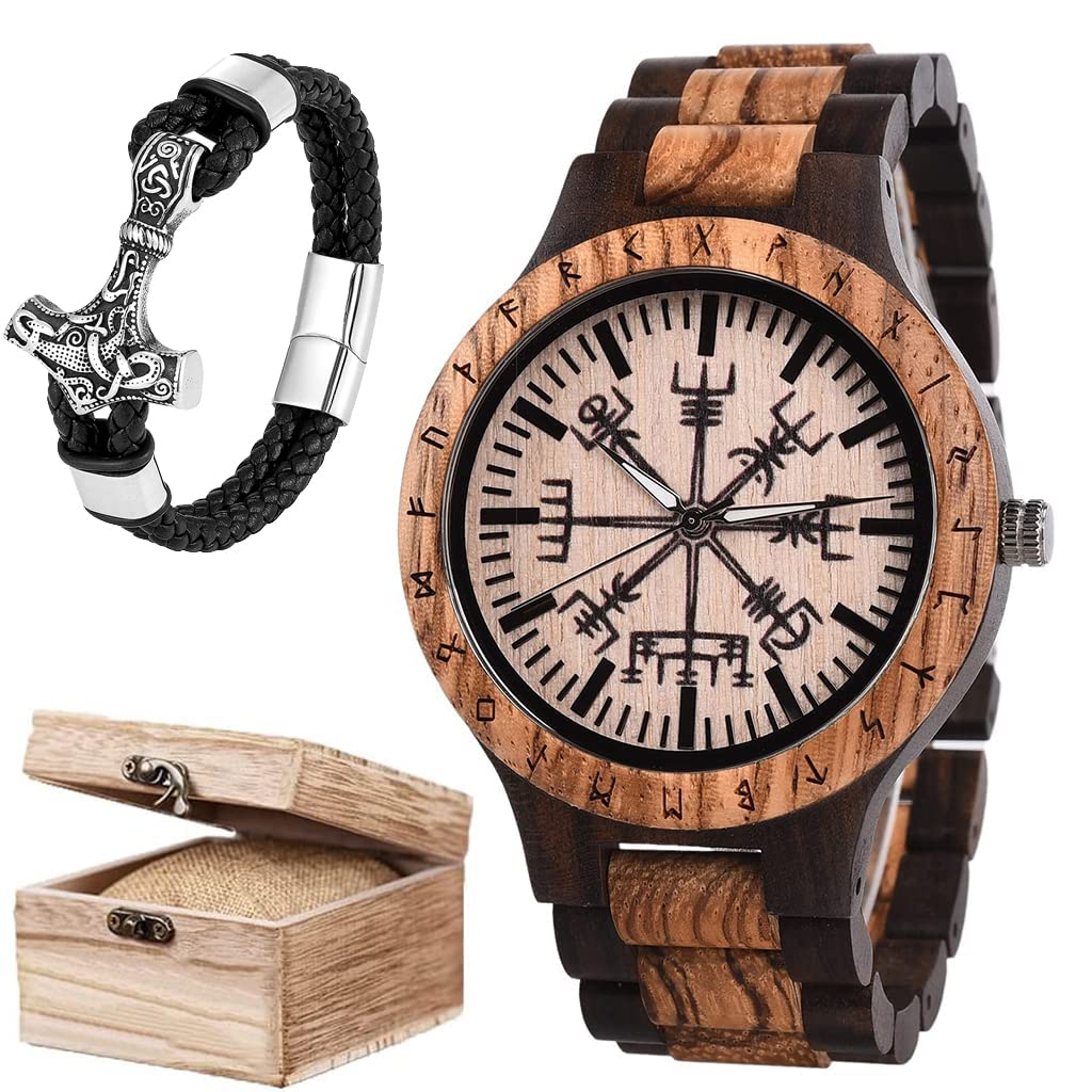 Orologi da Uomo in Legno con Rune Vichinghe Orologi da Polso Casual Regolabili con Incisione Fatta A Mano Vintage con Catena E Scatola Regalo in Legno