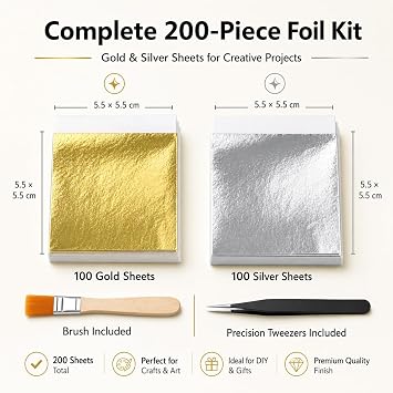 200 Pcs Edible Gold Leaf Sheets and Edible Silver Leaf Sheets,8.5cm Gold Leaf Edible for Cakes,Gold Leaf Kit with Brush & Tweezer for Desserts,Chocolate,Art and Craft,Face Masks and Nail Art