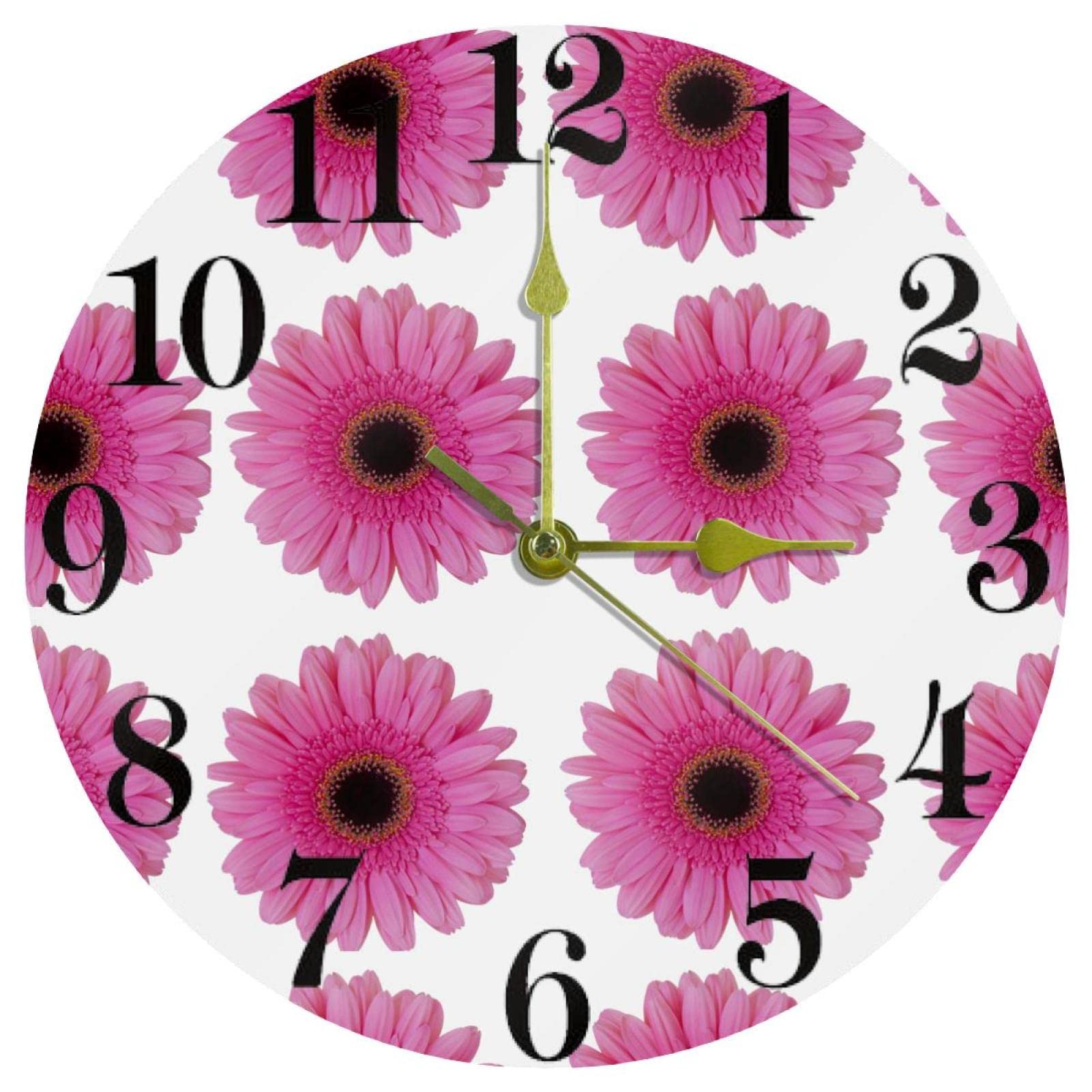 Horloge murale à quartz rose de 25,4 cm silencieuse avec motif fleuri de marguerite