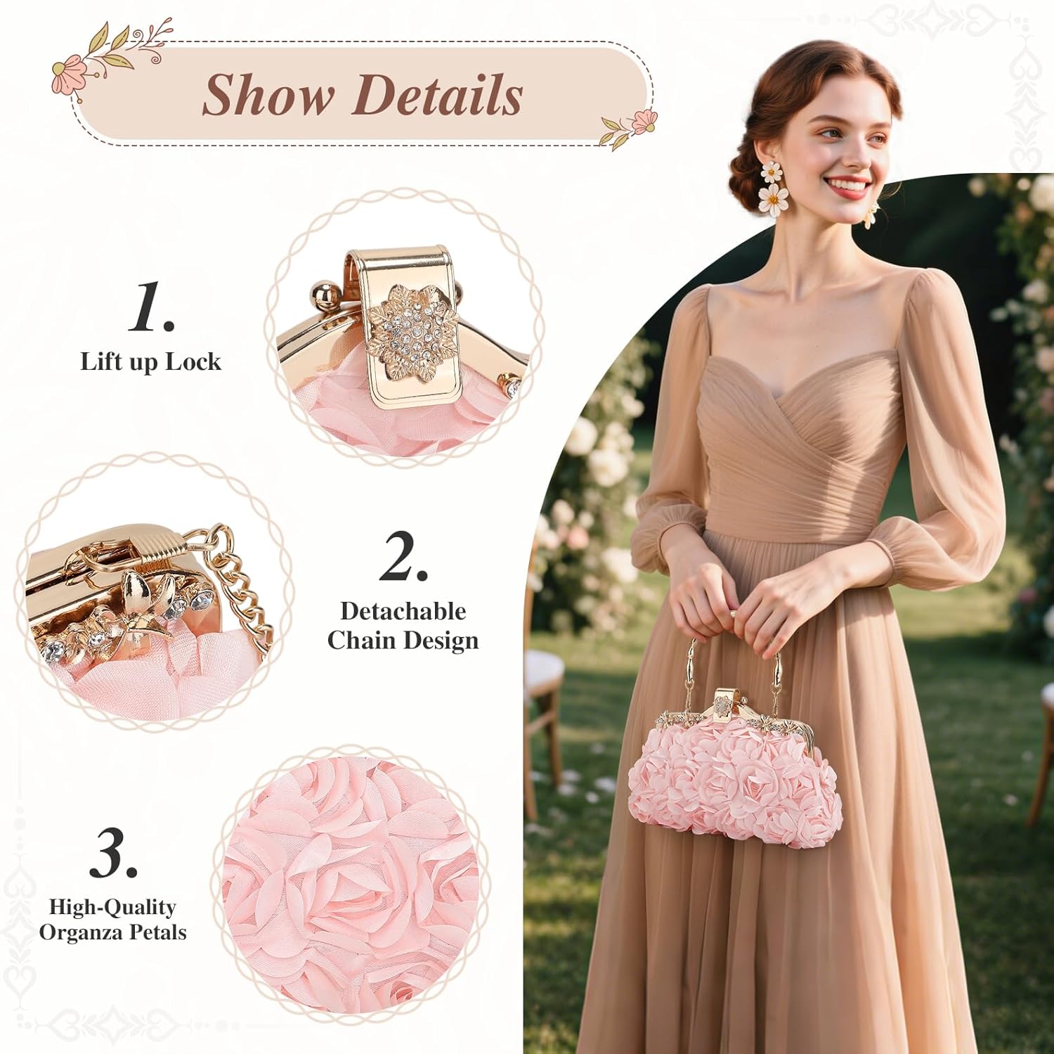 UBORSE Floral Clutch Purse Women Flower Purses for Women Handbags Chain Strap Shoulder Bag for Party Bride Wedding Prom - Image 5