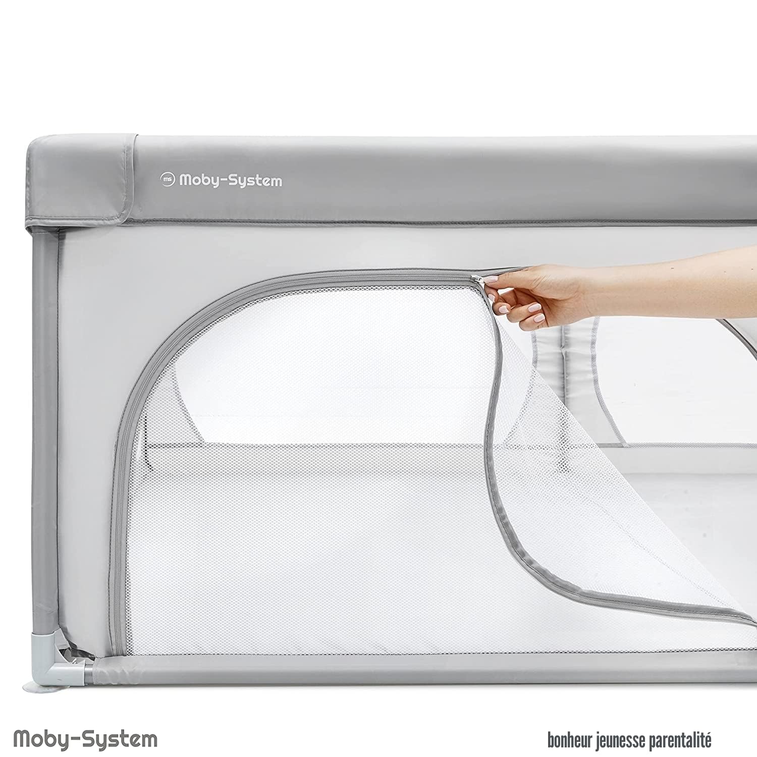Moby-System Parc pour bébé, centre d'activités pour enfants, pour l'intérieur, avec base antidérapante, grille de protection, stable, matériau imperméable, sac de transport, 200 x 140 cm, gris