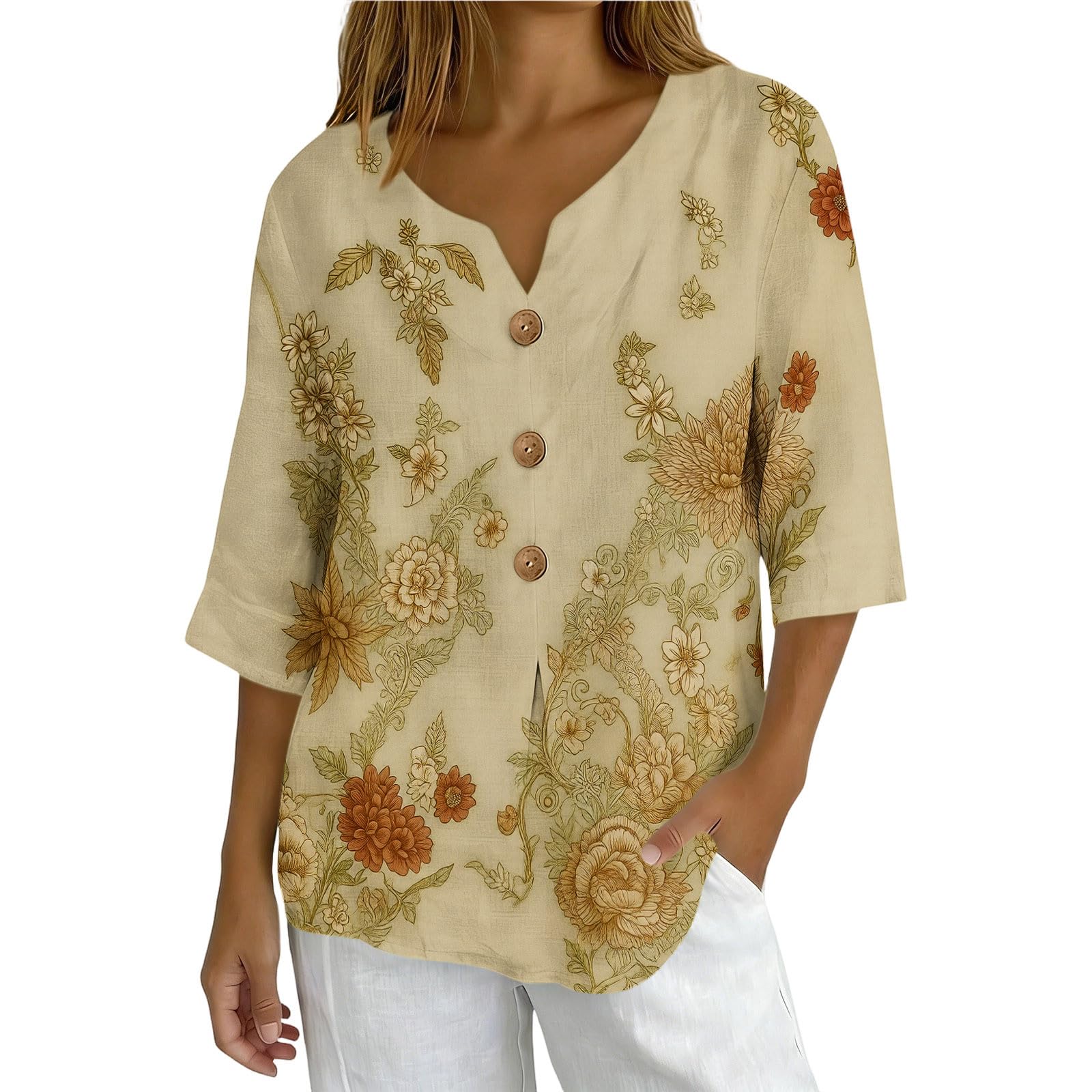 Bluse Damen Elegant V-Ausschnitt Oberteile 3/4 Arm Sommer T-Shirt Einfarbig Knopfleiste Leinenblusen Retro Lässig Locker Blusenshirt Basic Tunika Shirt Urlaub Leicht Hemdbluse Druck Top