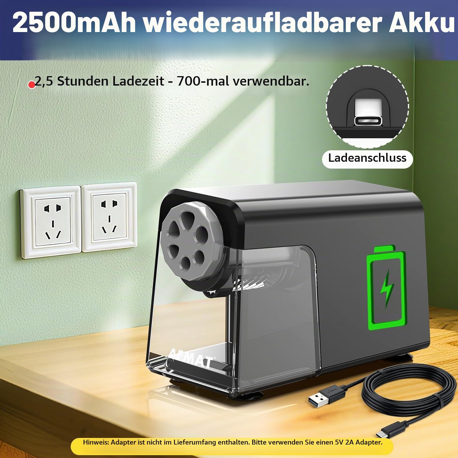 AFMAT Elektrischer Anspitzer 6 Löcher mit Behälter, Auto-Stop&Save Bleistifte, Wiederaufladbar Robust Elektrischer Spitzer für 6–11 mm Nr. 2/Groß/Buntstifte, 10.000 Spitzvorgänge, Schwarz PSD1