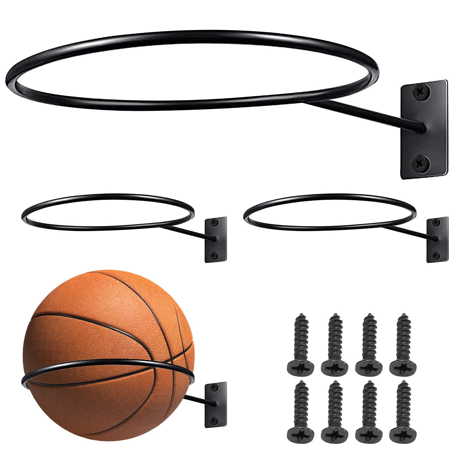 Soporte para Balones de Pared 4 Unidades, Soporte Metálico Resistente para Baloncesto Fútbol Voleibol y Rugby, Accesorios de Almacenamiento Deportivo con Tornillos Incluidos