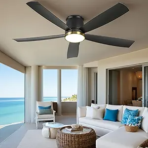 DWVO 52 inch Flush Mount Ceiling Fan with Lights, 5 Blade Low Profile Ceiling Fan with Remote,Tri-Color Temperature, 6 Speed Black and Gold, Quiet DC Motor for Bedroom, Living Room