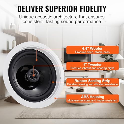 Miniatura 5 de VEVOR 4 altavoces de techo Bluetooth de 6.5 pulgadas, sistema de altavoces de techo y pared de montaje empotrado de 600 W con impedancia de 8