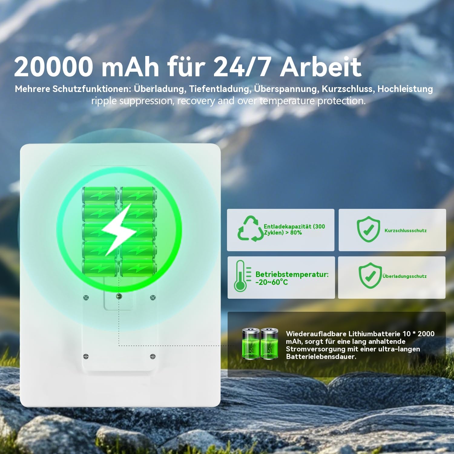 Solarpanel für Trail-Kamera, Wildkamera, Sicherheitskameras, eingebauter wiederaufladbarer 20.000 mAh Akku, DC 3.5x1.35mm mit mehreren Schnittstellen, vielseitig verwendbar, DC 5V Ausgang