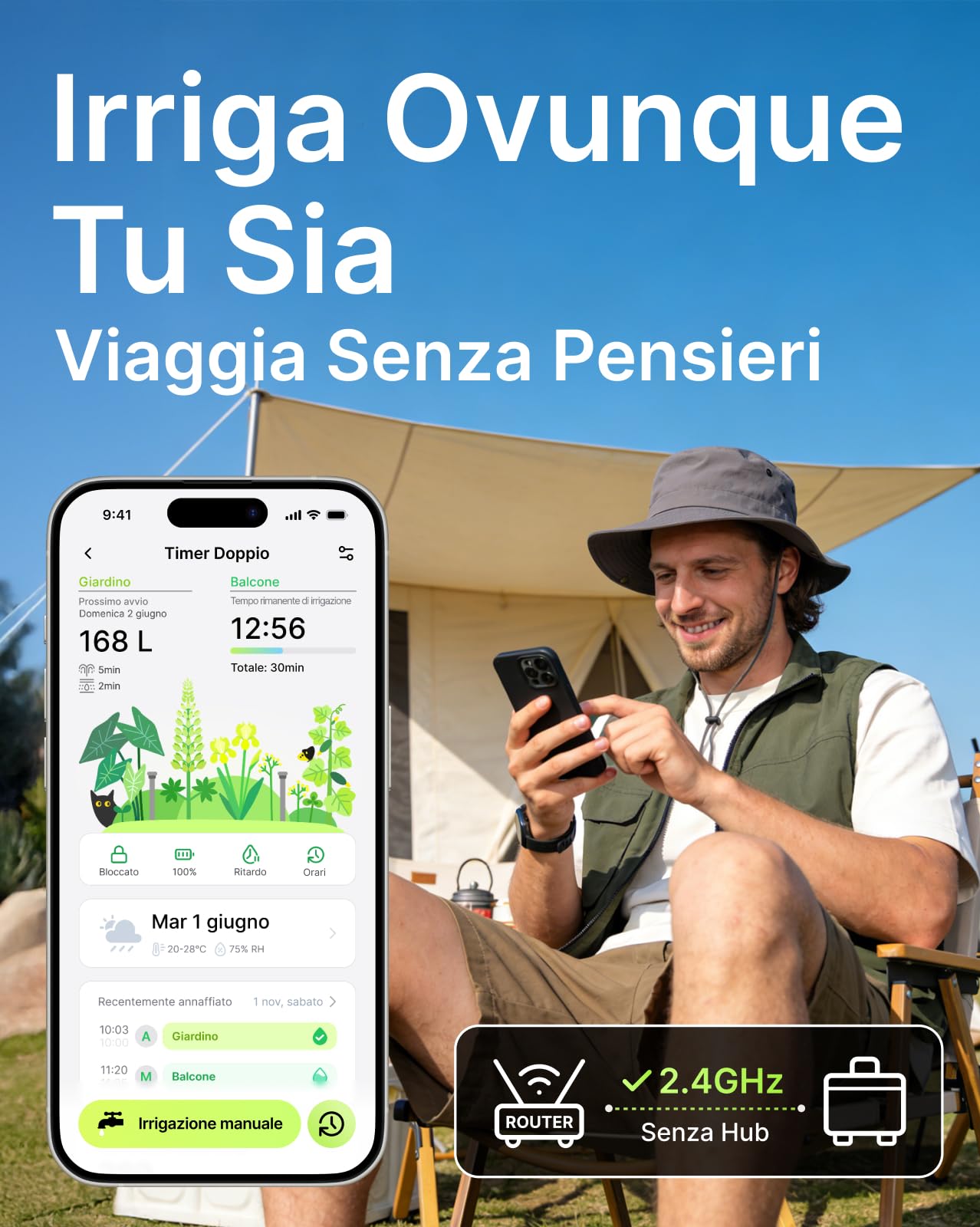 Centralina Irrigazione WiFi 2 Vie Solare, Computer Irrigazione Connesso con Flussometro, Senza Hub, Ingresso dell'acqua in Ottone, Irrigazione Automatica per Giardino (App/Alexa)