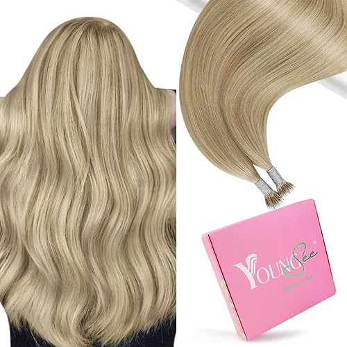 YoungSee Nano Ring Hair Extensions Blonde Highlight 24 inch Nano Bead Hair Extensions Human Hair Dark Ash Blonde Highlights Golden Blonde 50g 50s Cold Fusion Pre Bonded Hair Extension for Vacation