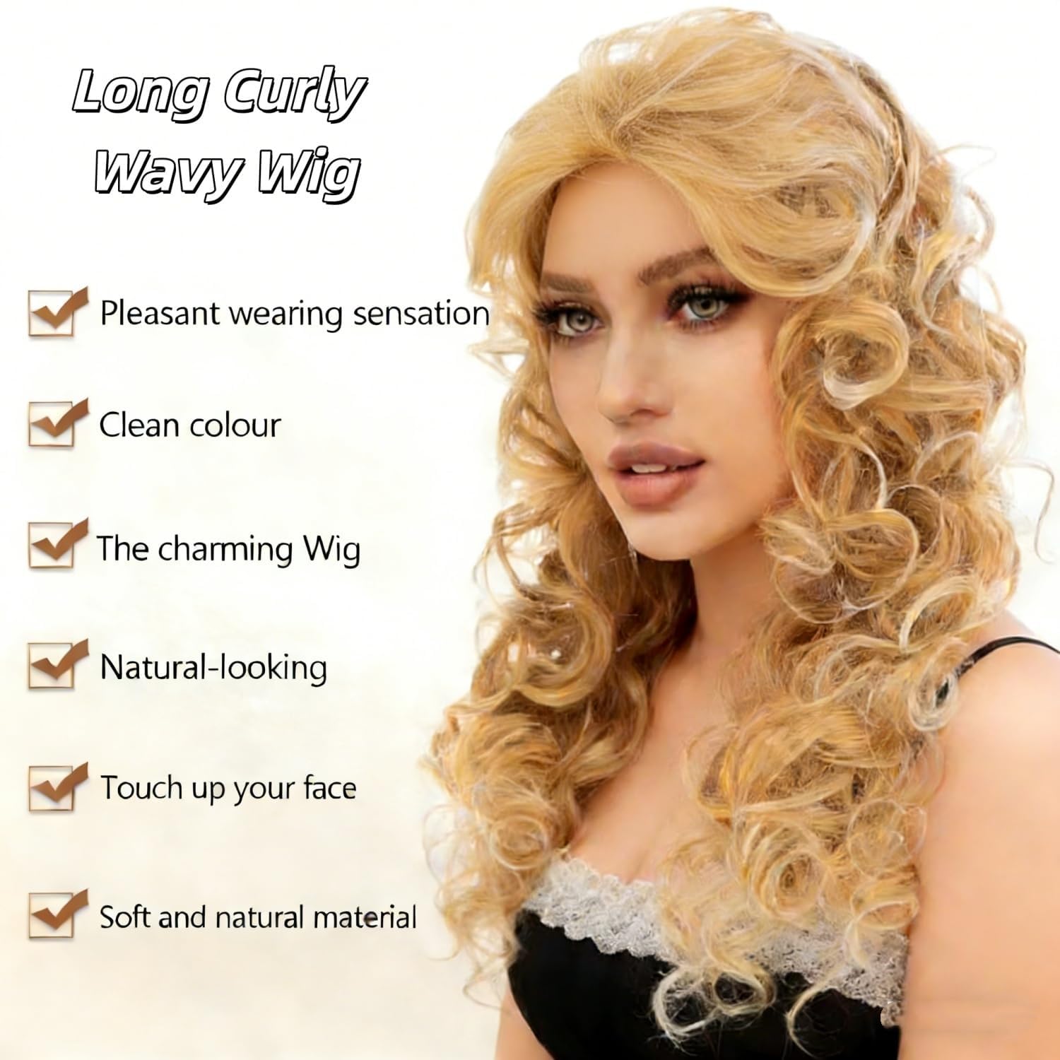Long Curly Wavy Blonde Wig for Women Synthetic Heat Resistant Hair with Wig Cap,19 Inch