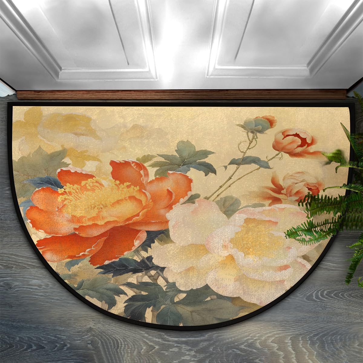 Half Round Door Mat Flowers Retro Beautiful Half Moon Rug Washable Half Circle Area Rugs Indoor Entrance Non Slip Semi Circle Bathroom Rugs Floor Carpet for Kithen Bedroom Fireplace Decor