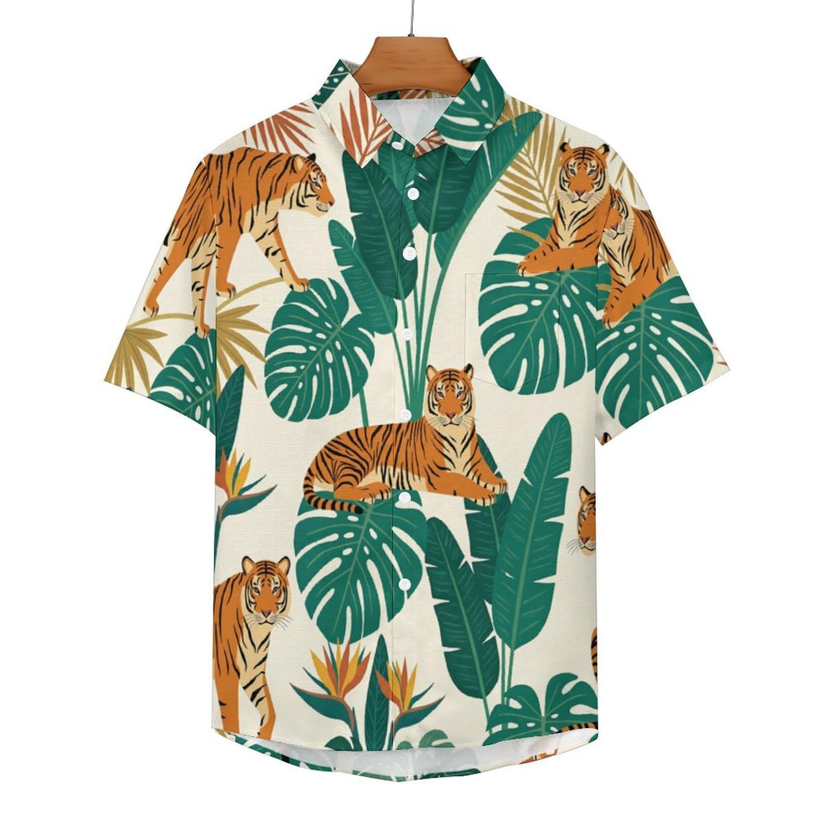 Camicie da Uomo a Maniche Corte con Stampa della Tigre della Giungla Piante Tropicali, Casual Leggere Bottoni Camicia con Tasca Frontale, per Vacanze Spiaggia Estate