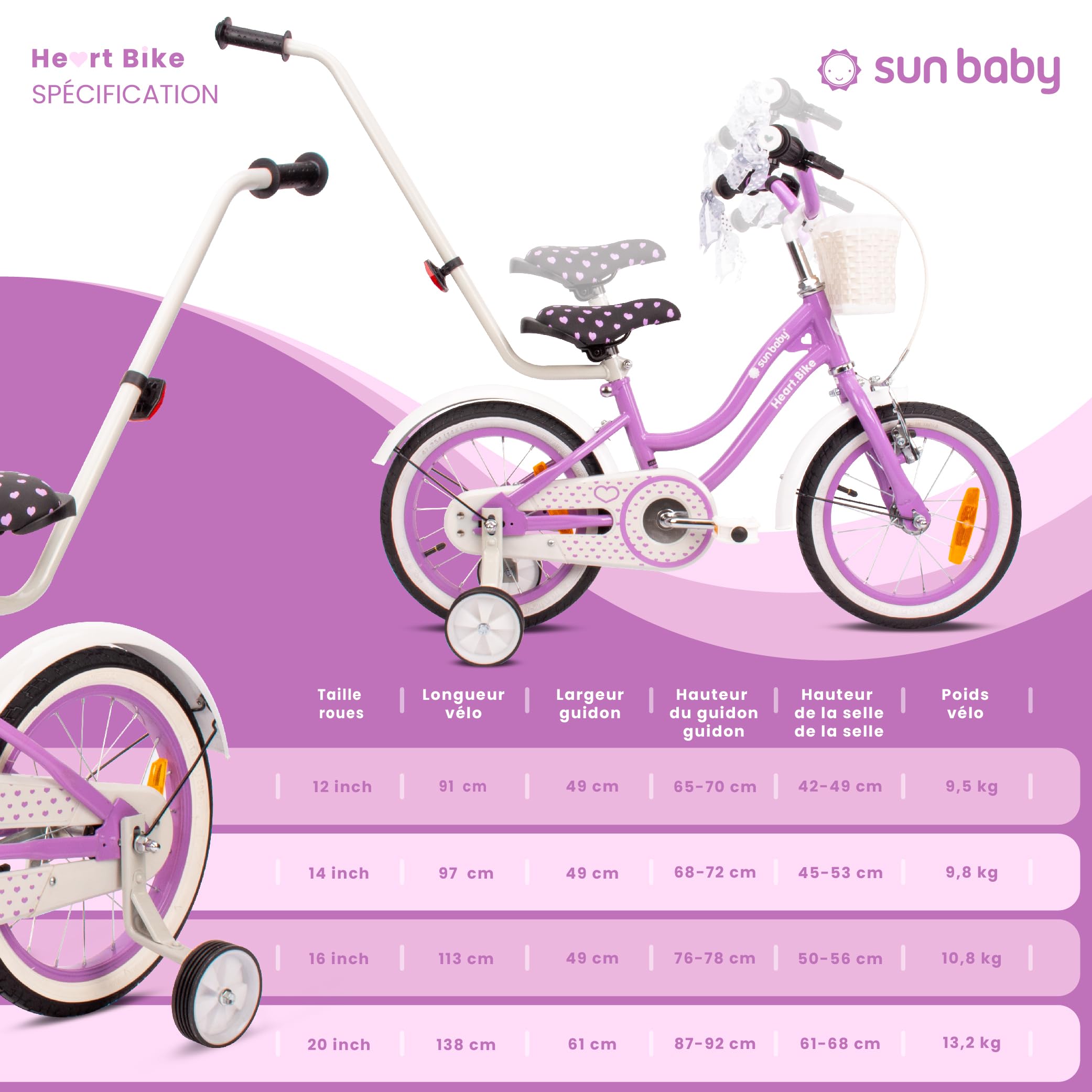 Vélo Enfant Fille 12/14/16 Pouces Sun Baby Heart avec Roulettes Stabilisatrices et Barre de Poussée