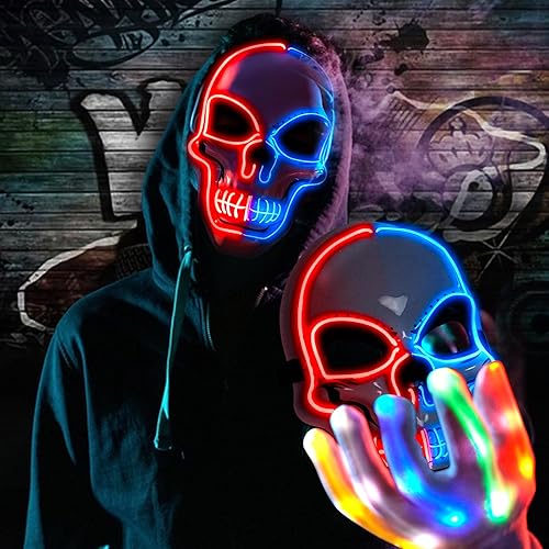Miniatura 3 de OceanWings Máscara LED de Halloween con guantes, disfraces iluminados, máscara de miedo para suministros de fiesta