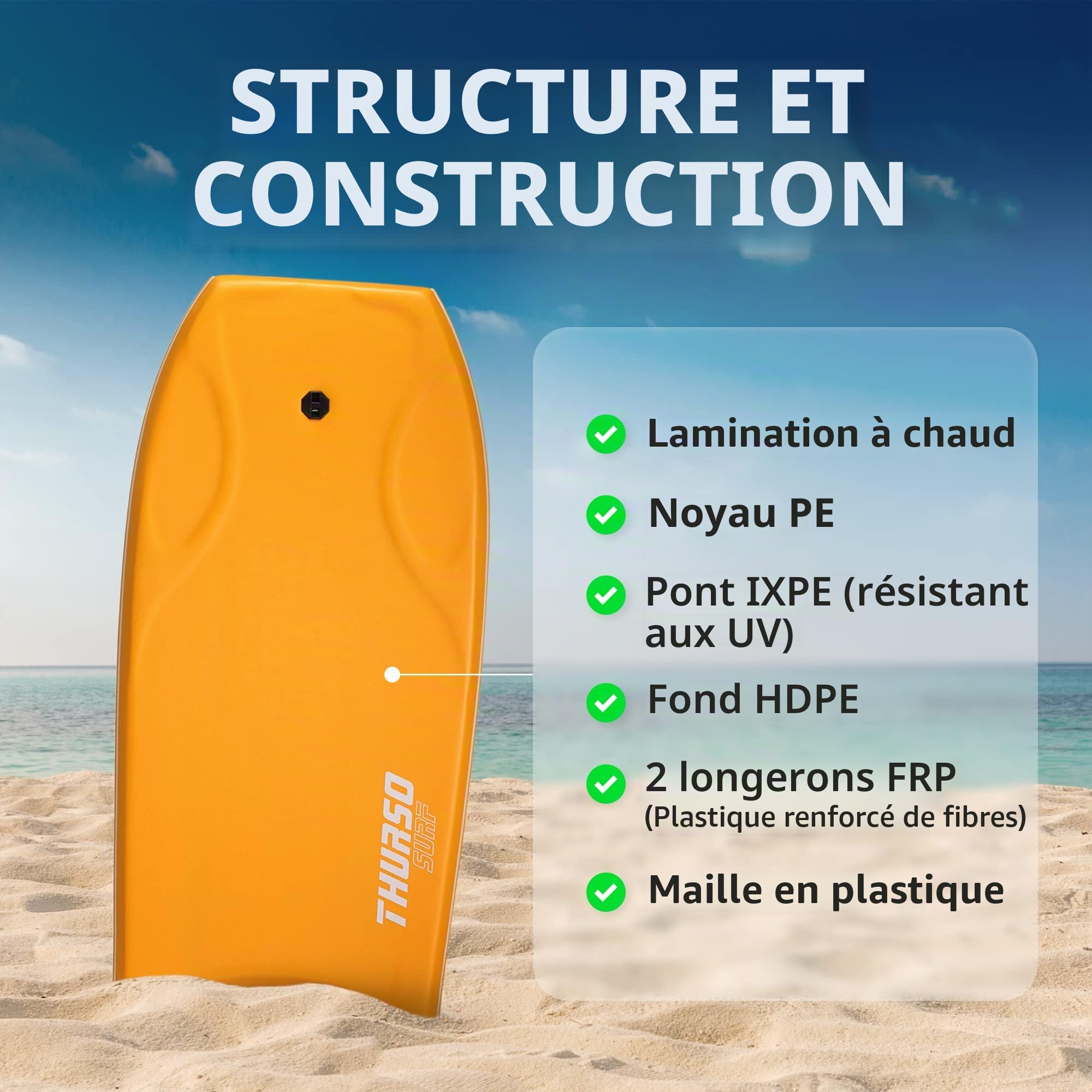 Thurso Surf 106,7 cm léger Bodyboard Comprend Pro double pivotant Bodyboard Laisse et Lux Bodyboard Sac. EPO Core en polyéthylène à haute densité Slick en bas, du pont de Ixpe. Azure et Sky, mandarine
