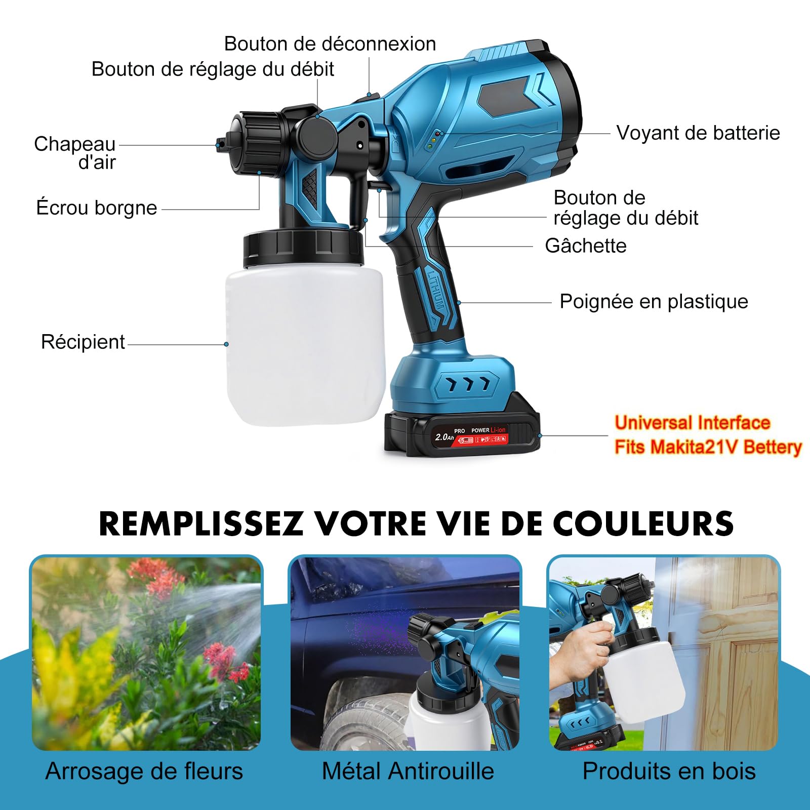 Set Spruzzatore A Batteria 1000 Ml, Makita21V Pistola A Spruzzo Elettrica HVLP Alimentata A Batteria Con 2 Batterie + 3 Ugelli, Strumenti di Verniciatura, per Pareti, Soffitti, Recinzioni da Giardino