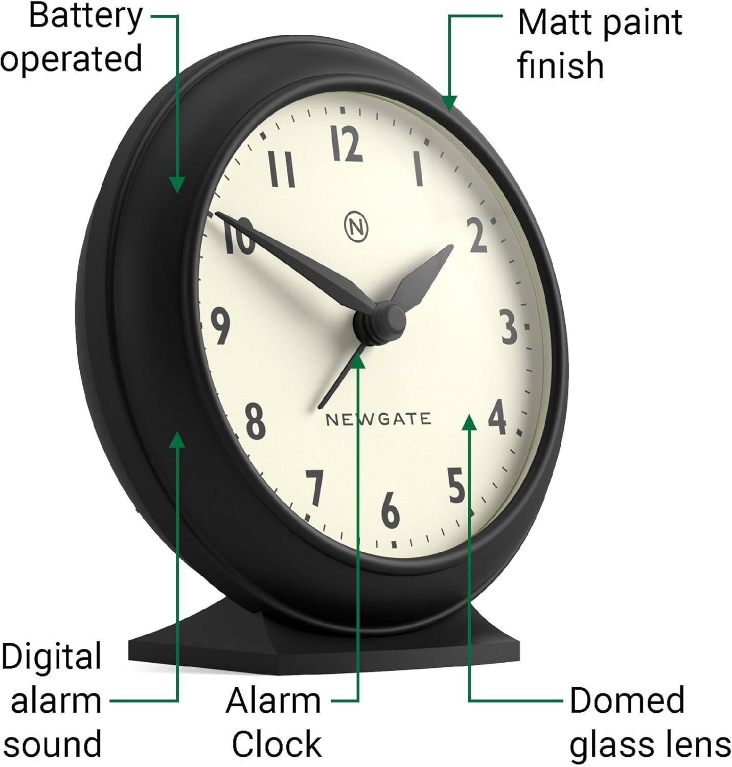 NEWGATE® Pacific Alarm Clock | Small Retro Alarm | Black | Mid-Century Modern Design | Ideal for Bedside, Desk, Shelf & Mantel | Bedroom, Living Room and Office Accessory