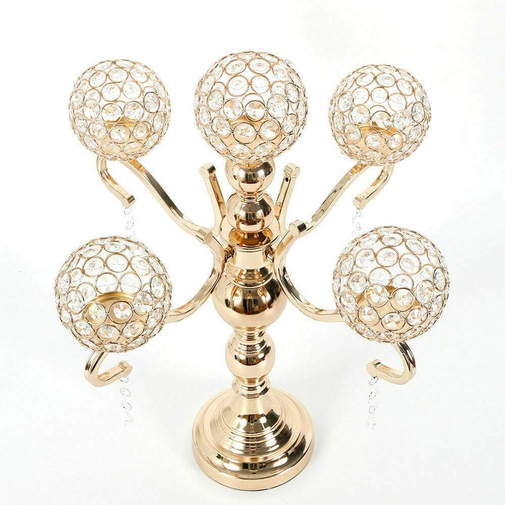 DYRABREST Wedding Candle Holder 5 Arms Candelabra Chandelier Nickel Plated Aluminum with Acrylic Crystal Dangles and Globes - 24 Inch High (Gold)