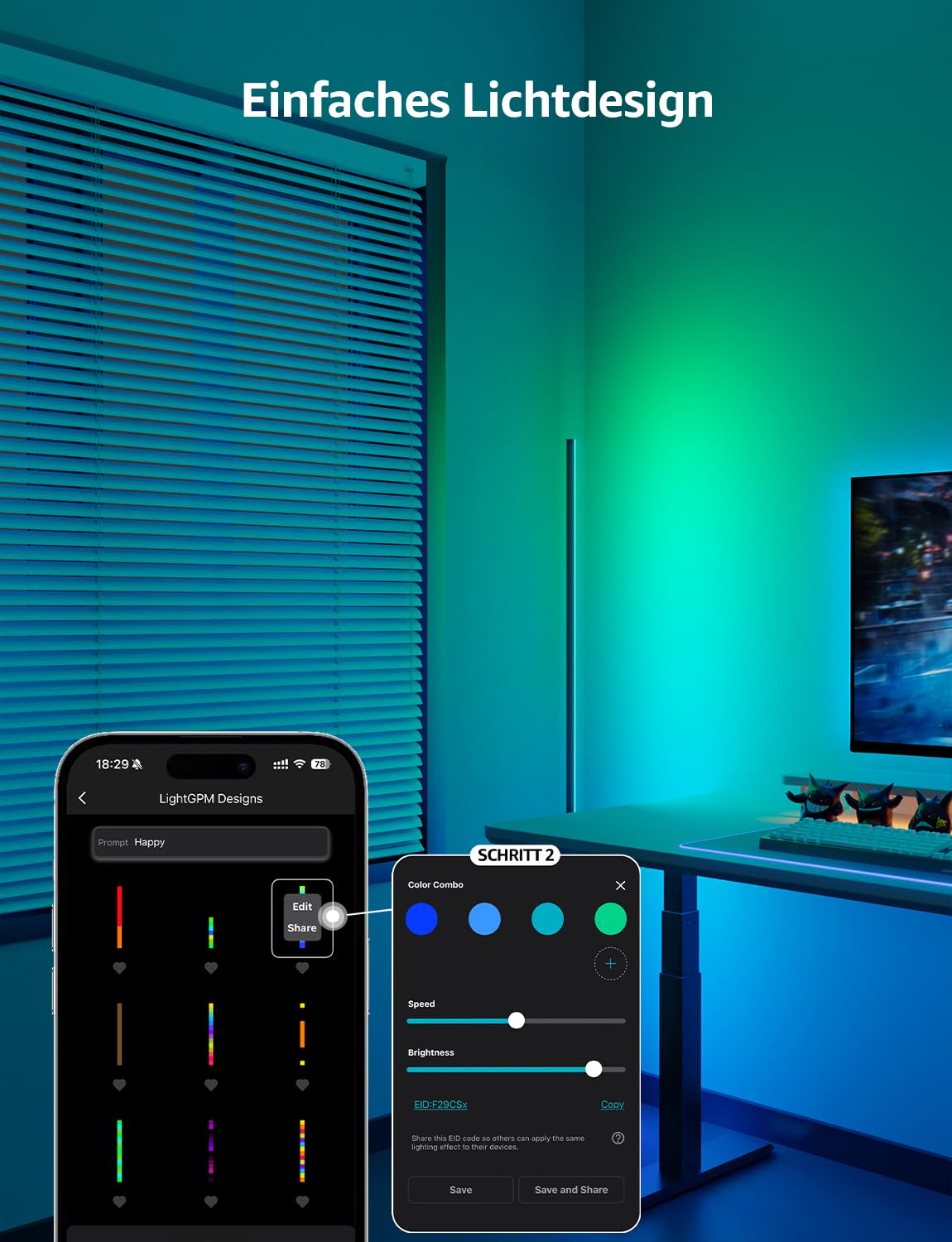 Lepro AI Smart Stehlampe Wohnzimmer OE1, Kompatibel mit Alexa/Google | Stehlampe Dimmbar (140CM), Sprachsteuerung/Musik Sync/DIY, Personalisierter KI-Lichtdesigner, 16 Millionen Farben