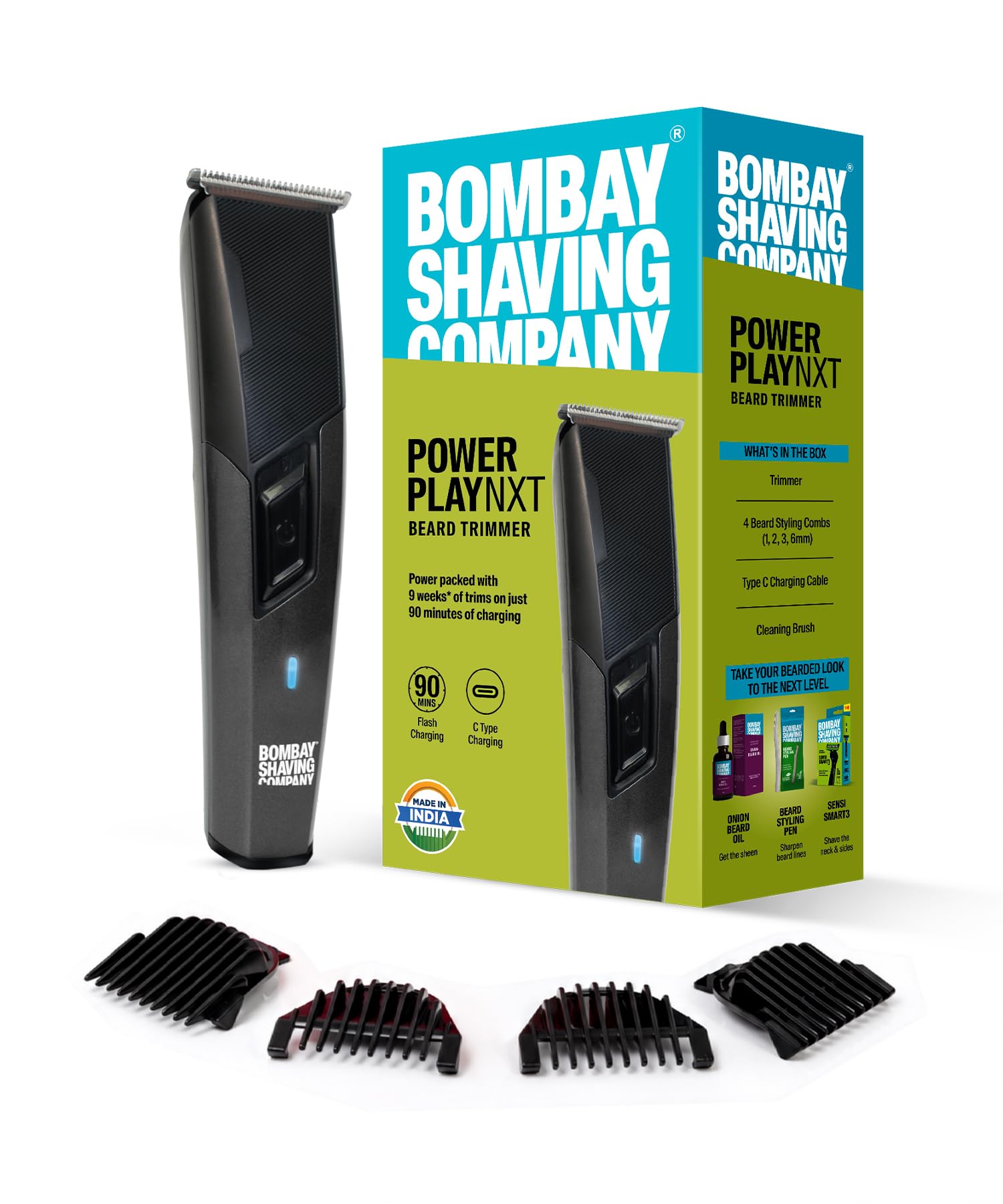 Bombay Shaving Company Power Play NXT Trimmer for Men | Beard Trimmer for Man | Hair Trimmer for Man | Type C, 90 Min, 4 Combs, Self-Sharpening | Olive