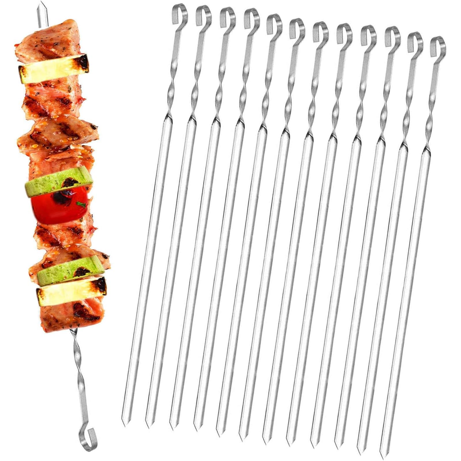 Homealexa 15" BBQ Skewers, Stainless Steel Flat Kebab Skewers Set of 20, Reusable with Storage Bag for Outdoor BBQ, Family Party, Shish Kabob