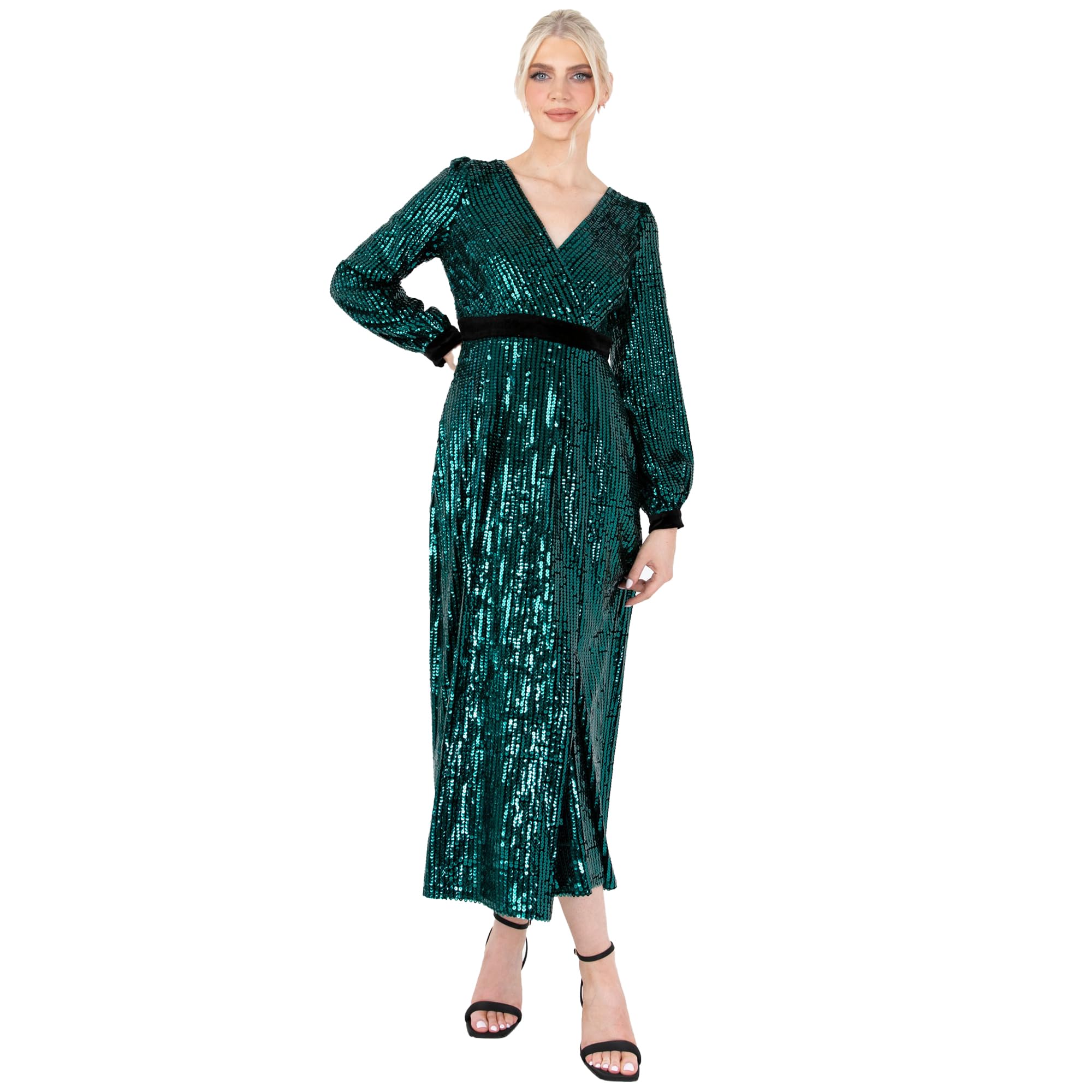 Lovedrobe Women's Midaxi Dress Ladies Sequin Embellished Long Sleeve V-Neck Faux Wrap Velvet Bow Split for Party Evening Occasion Dress, Green