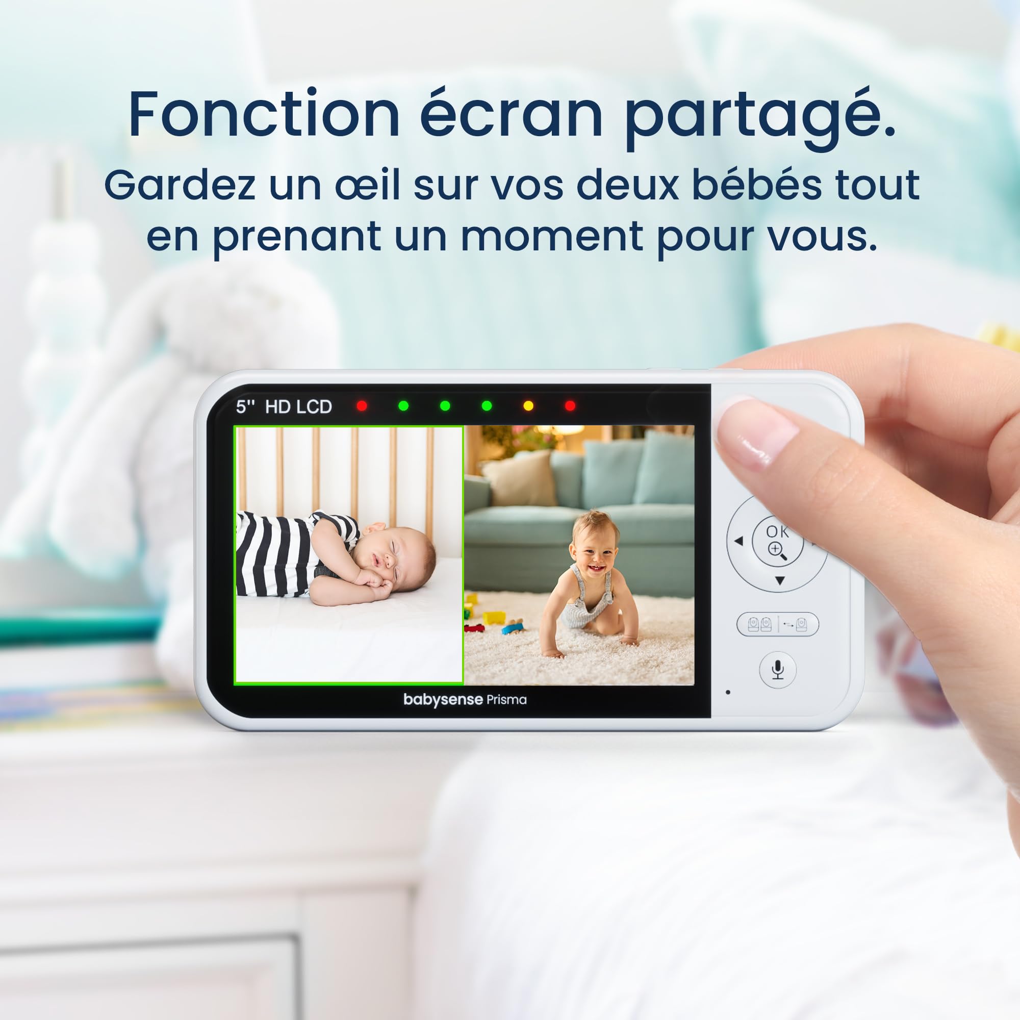 Babysense Prisma Babyphone avec Caméra et Audio, Babyphone Vidéo HD 5", Veilleuse 6 Couleurs, Écran Divisé, Machine à Son pour Bébé avec Bruit Blanc et Berceuses, sans WiFi
