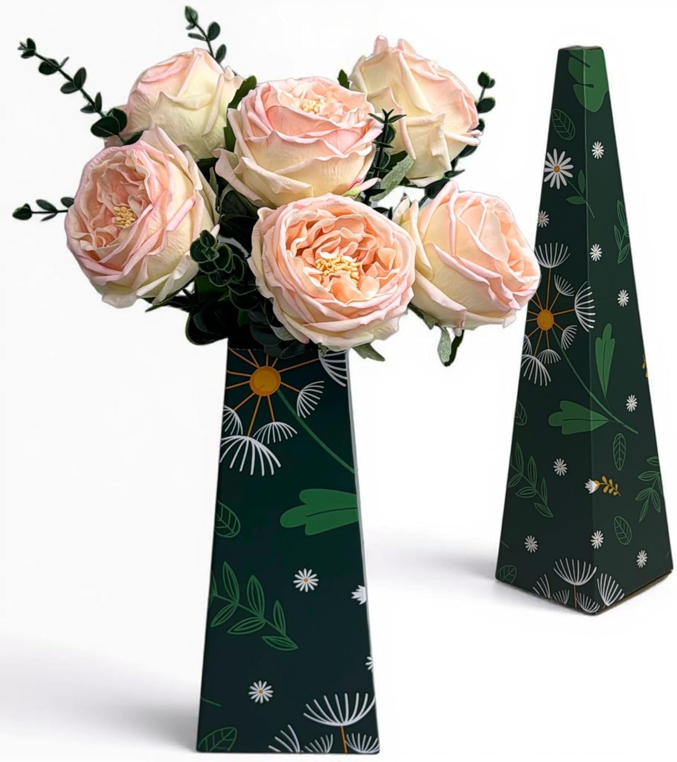 Real Touch Artificial Austin Roses, 6 Faux Rose Stems + 6 Eucalyptus Leaves, Gift Box Packaging, Realistic Fake Flowers for Home, Kitchen, Office, or Wedding Décor, Allergy-Free Floral Gift Set