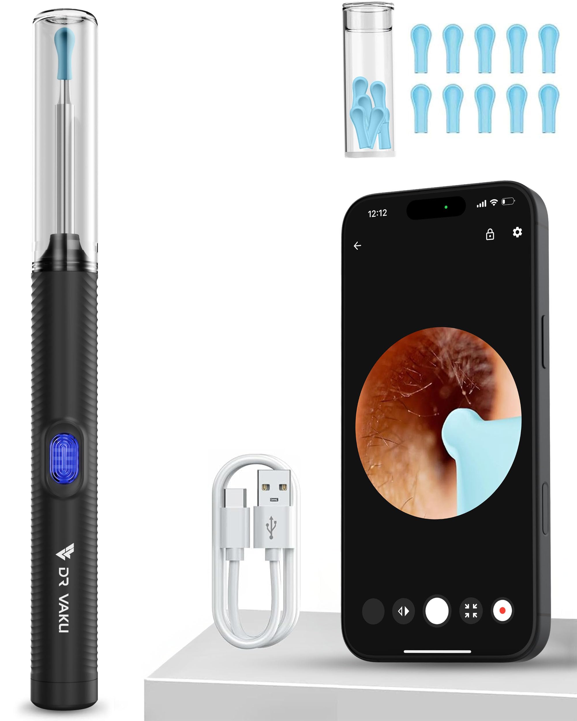 DR VAKU Exclusive New Launch Earocam Earwax Removal Tool Kit with HD Camera Wifi Connection & 6 LED Lights Endoscope Tool Ear Cleaner for iOS & Android + 11 Silicone Tips Free- Black-image-39