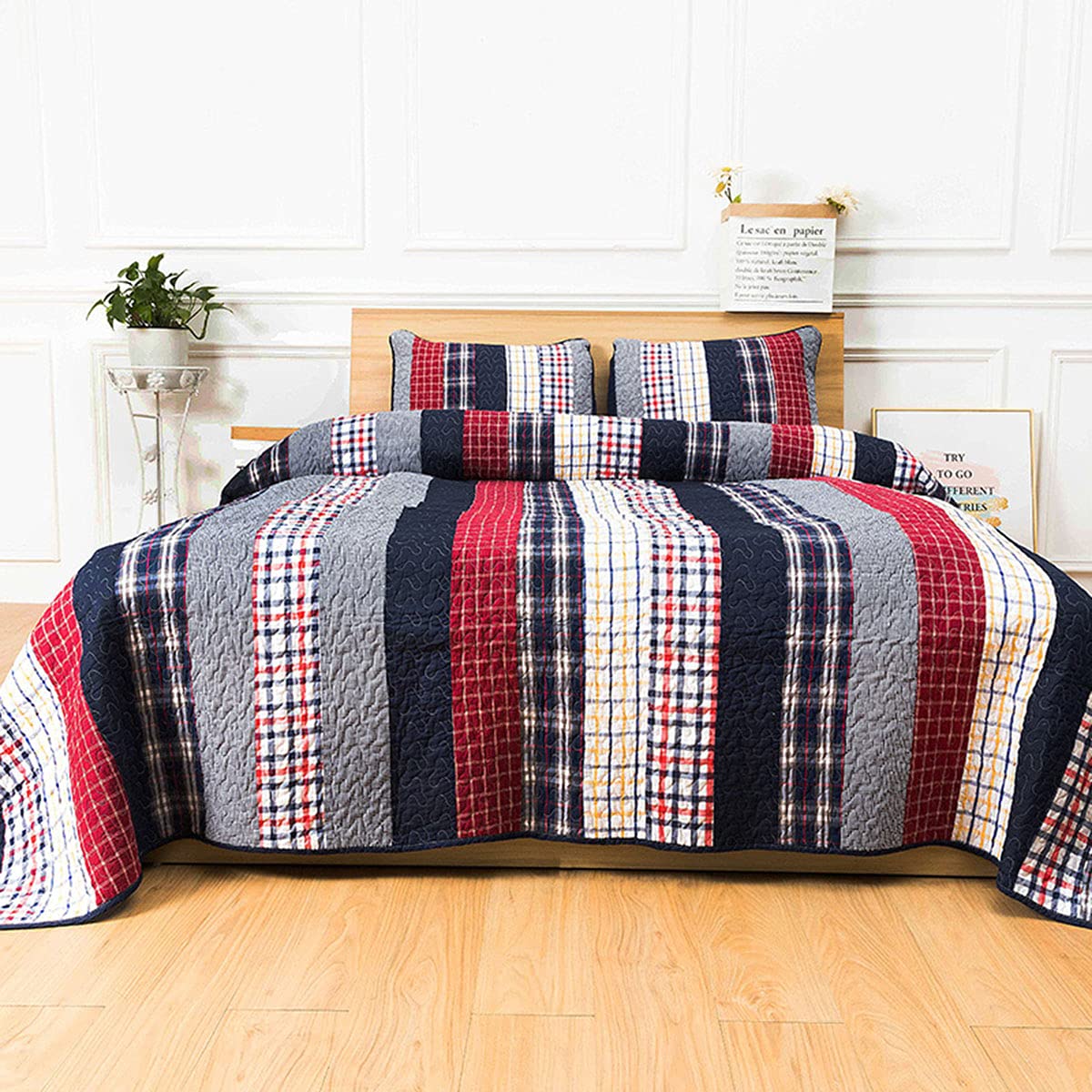 Sjdopulse Men's B Quilted Edspread, 100%-Cotton Patchwork Quilt, Country Style Checkered Pattern Coverlet,Reversible Quilting, All Season Throw,3-Pieces Set,A,89X94in